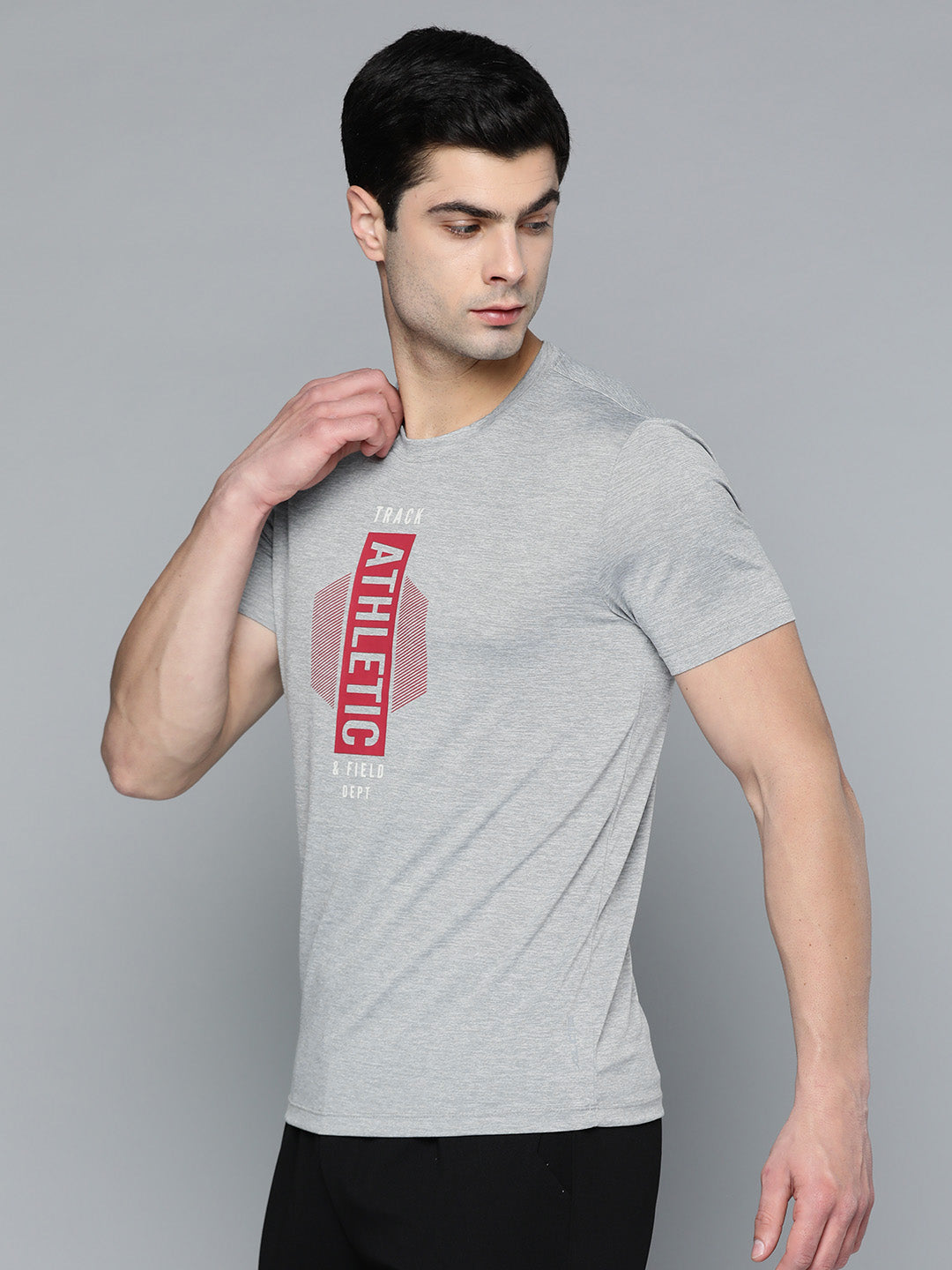 Alcis Men Grey Melange Red Typography Printed T-shirt