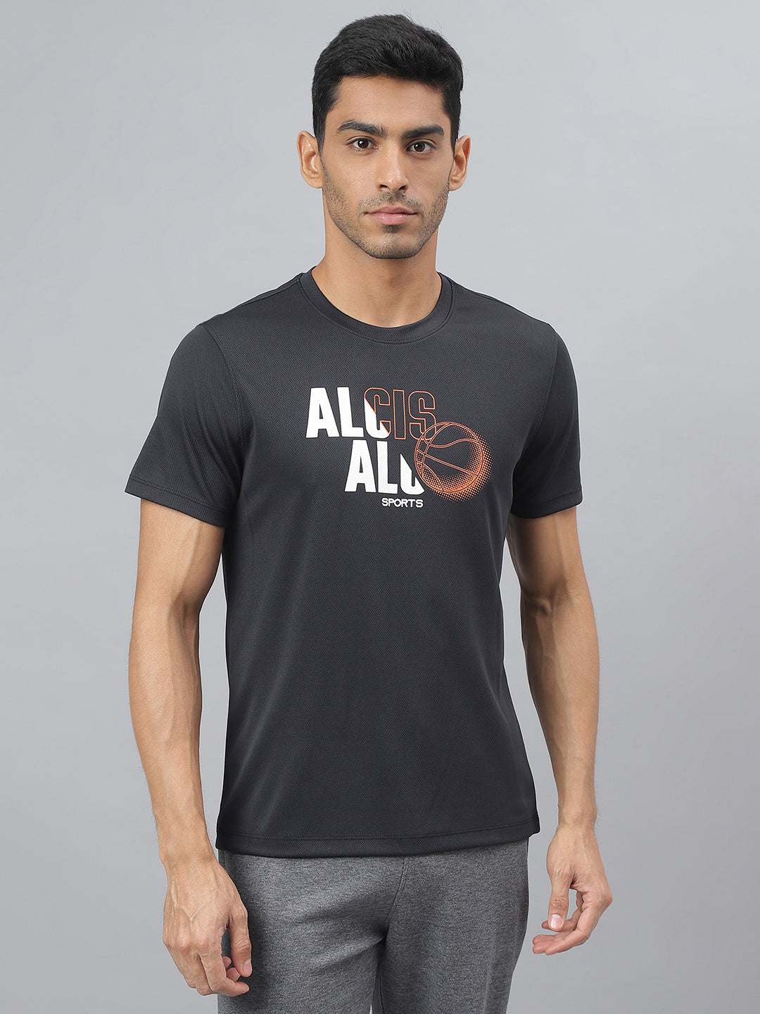 Alcis Men Printed Black Anti-Static Slim-Fit Round Neck Training T-Shirt
