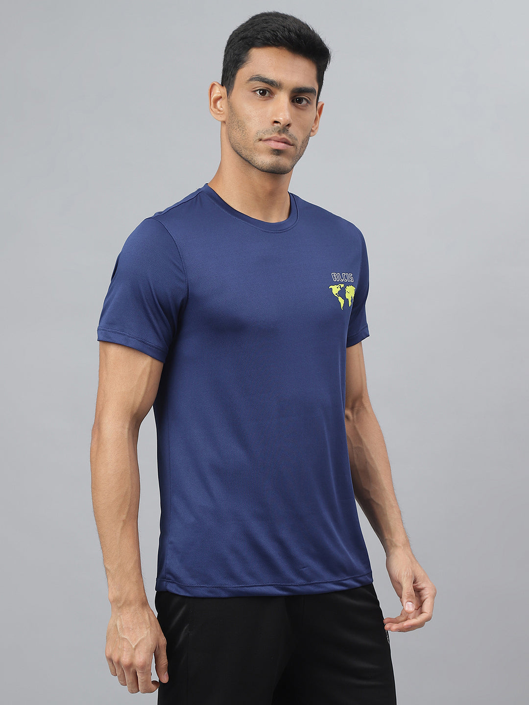 Alcis Men Printed Navy Anti-Static Slim-Fit Round Neck Training T-Shirt