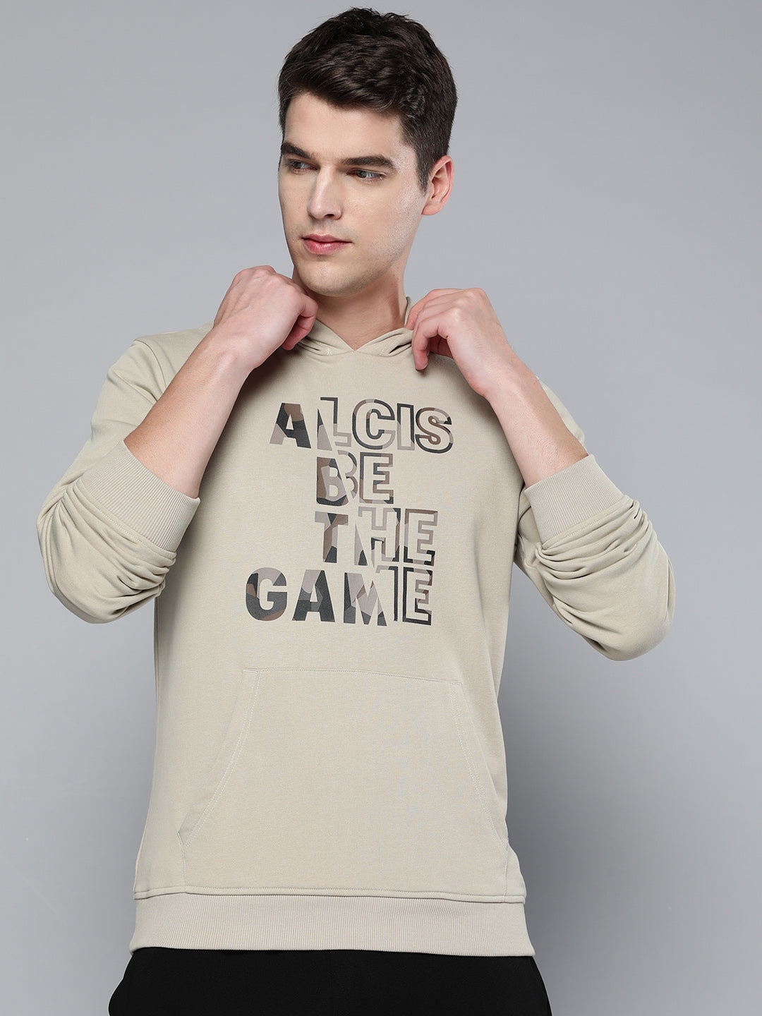 Alcis Men Cream-Coloured Printed Hooded Sweatshirt