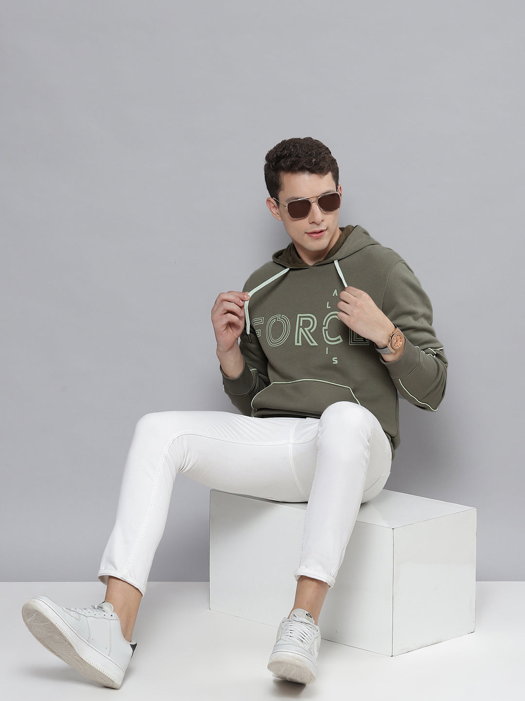 Alcis Men Olive Green & White Printed Hooded Sweatshirt