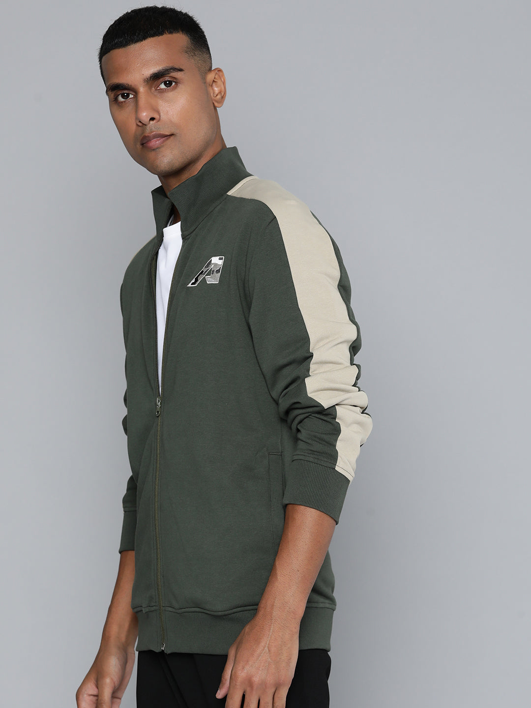 Alcis Men Olive Green Solid Bomber Jacket with Applique Detail