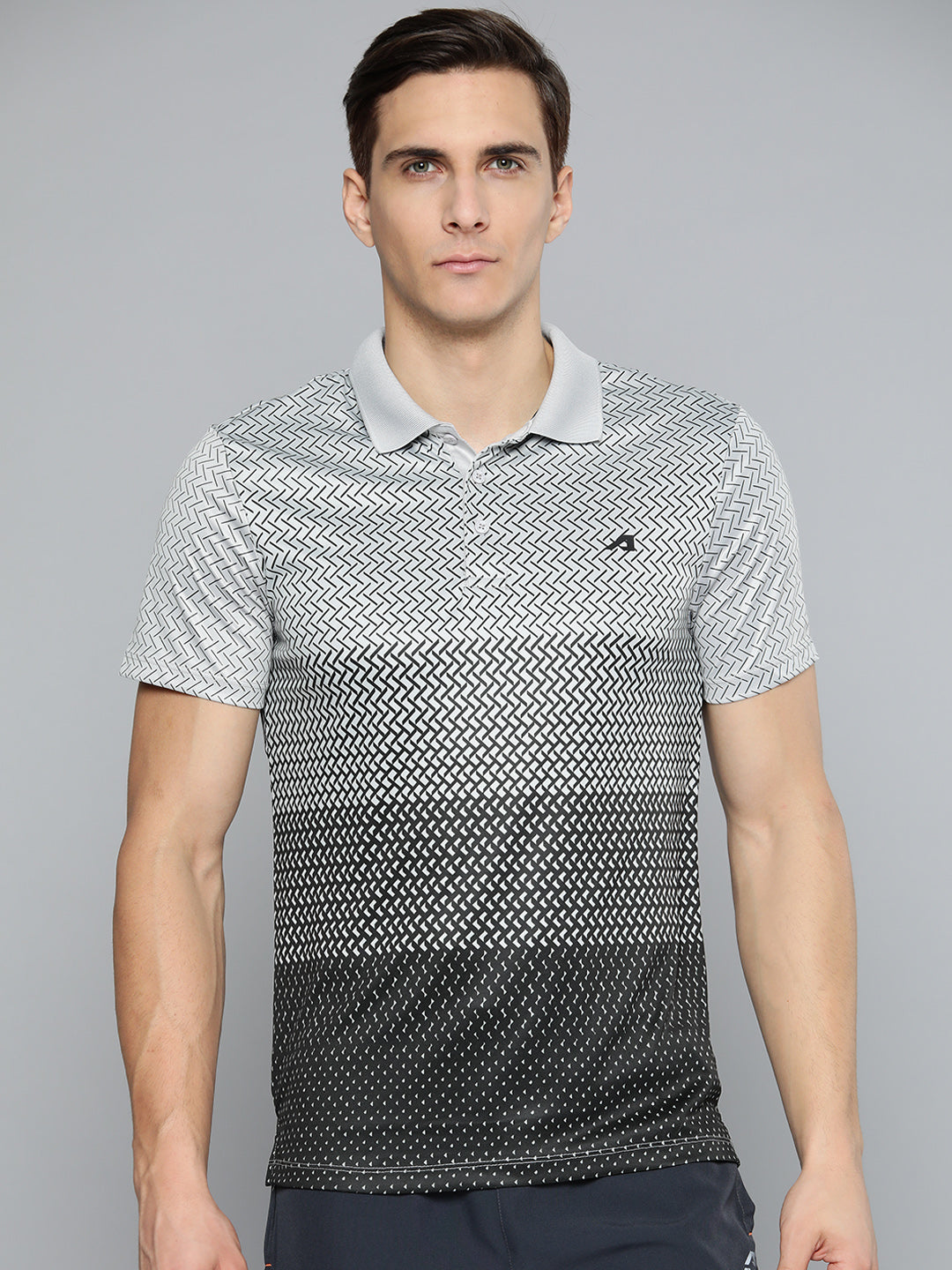 Alcis Men Grey Black Printed Polo Collar Slim Fit Running T-shirt