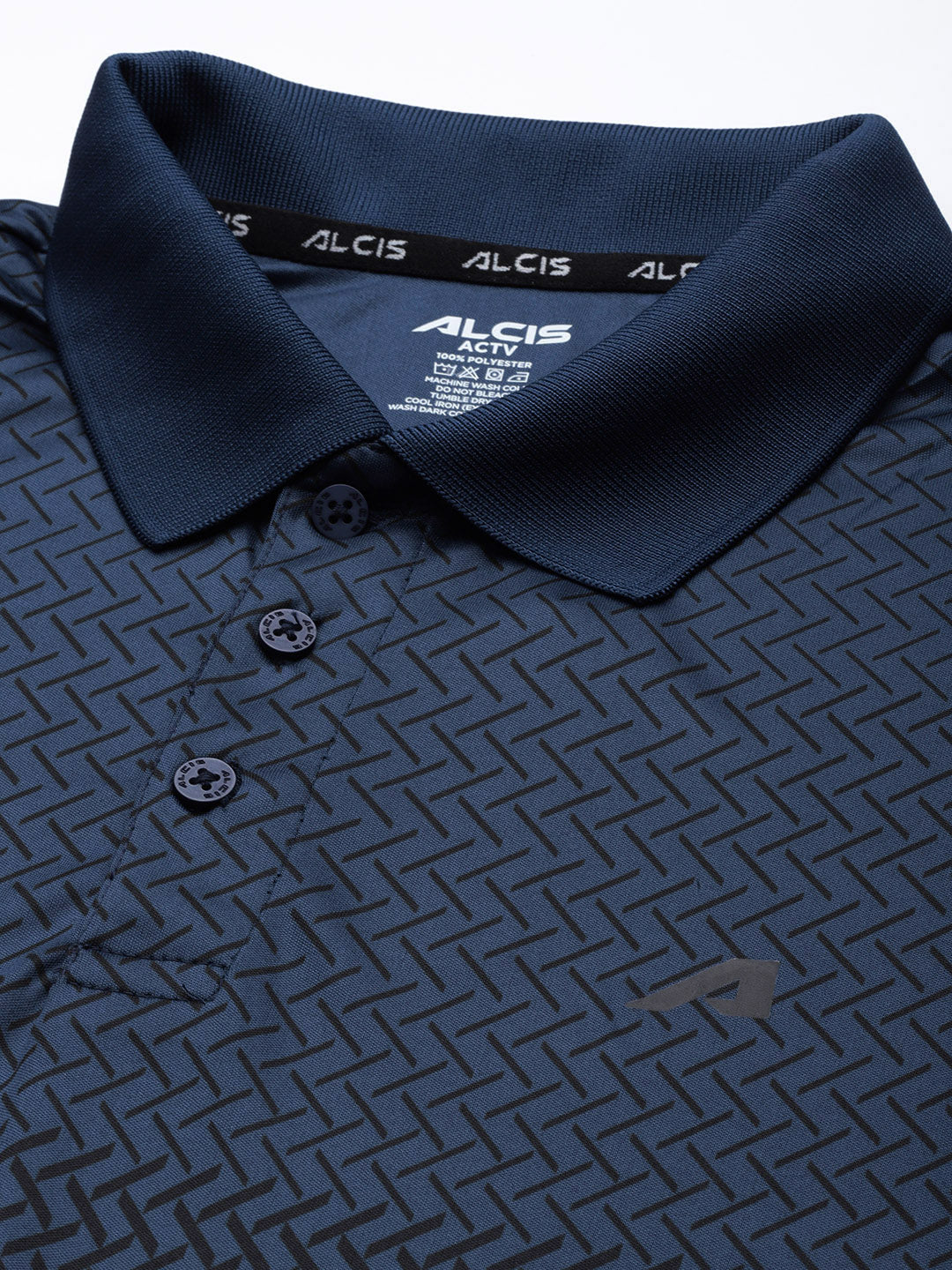 Alcis Men Navy Blue Black Printed Polo Collar Slim Fit Running T-shirt