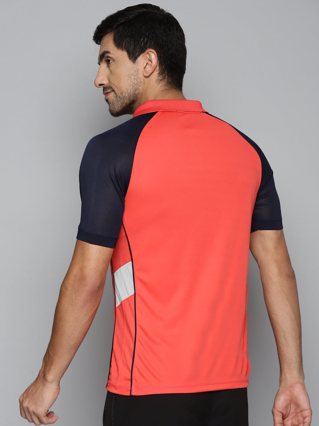 ALCIS Men Red & Navy Blue Colourblocked Polo Collar Slim Fit Running T-shirt
