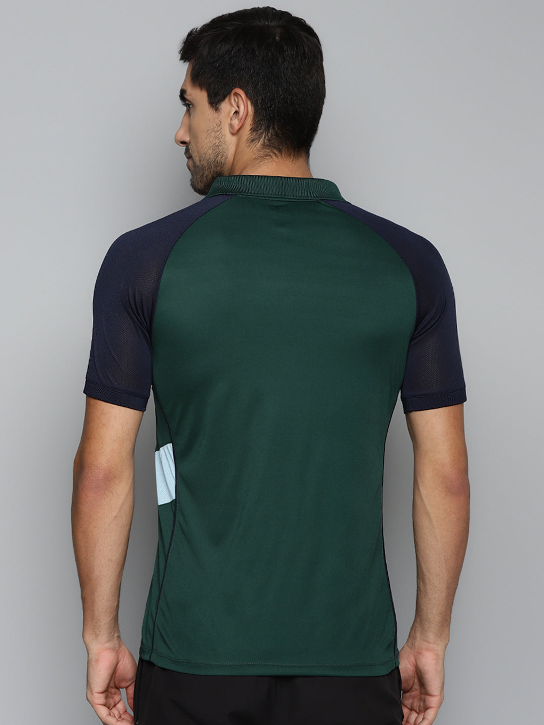 ALCIS Men Green & Navy Blue Colourblocked Polo Collar Slim Fit Running T-shirt