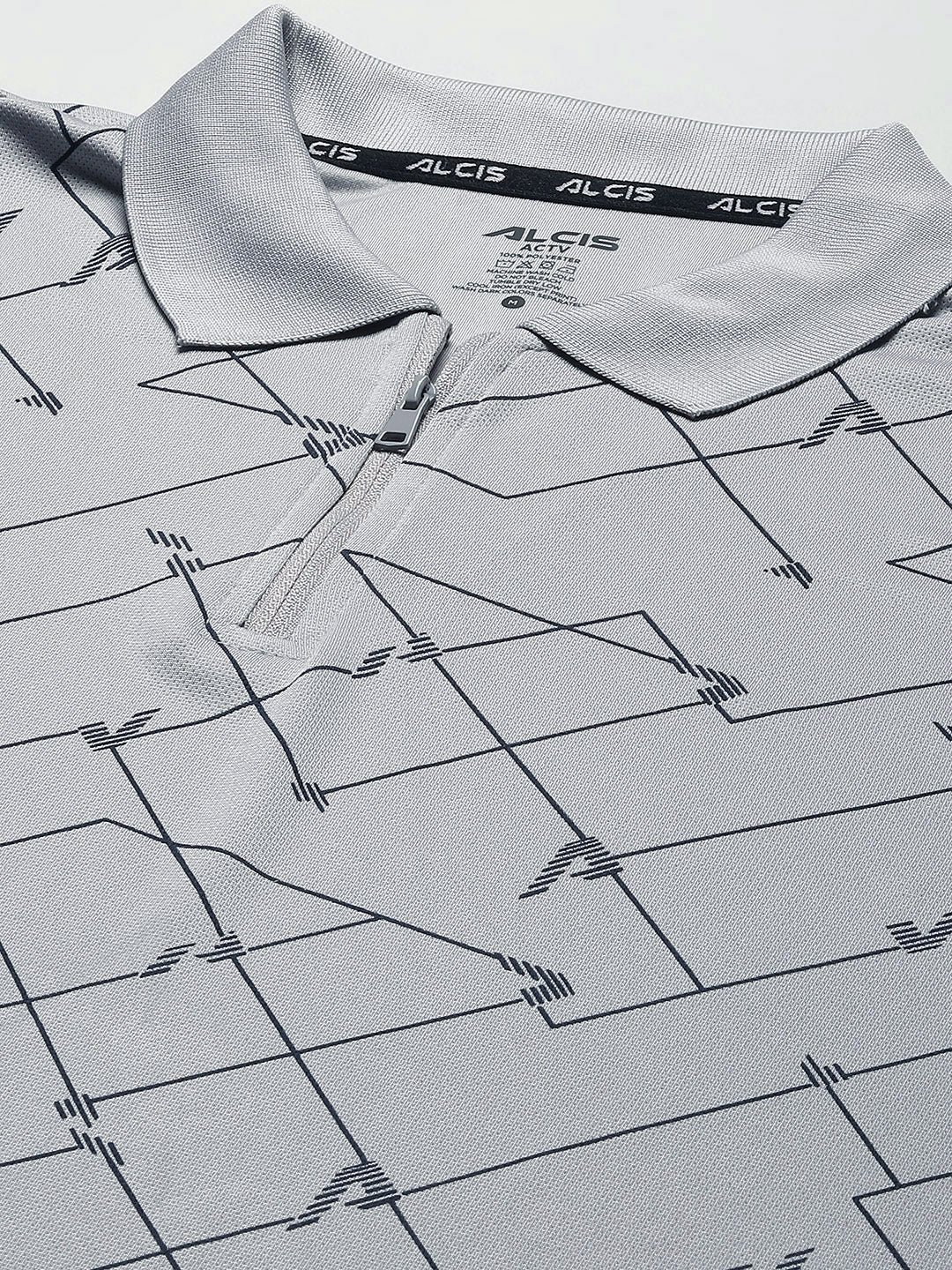 Alcis Men Grey Abstract Print Polo Collar Slim Fit T-shirt