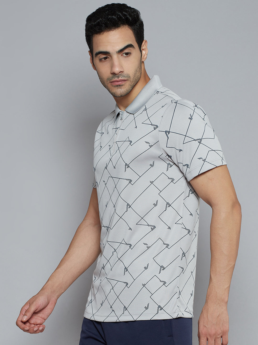 Alcis Men Grey Abstract Print Polo Collar Slim Fit T-shirt