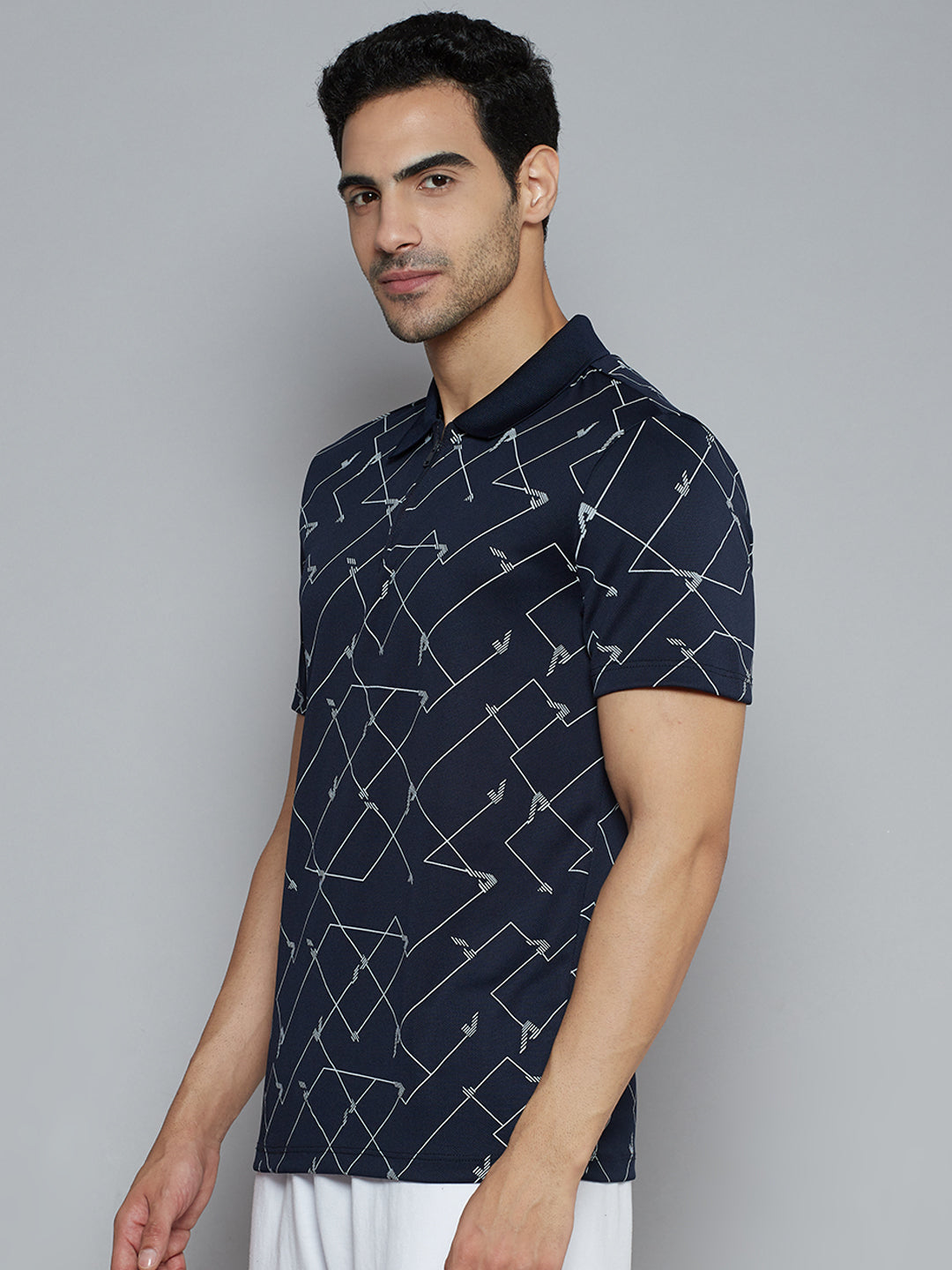 Alcis Men Navy Blue Abstract Printed Polo Collar Slim Fit T-shirt