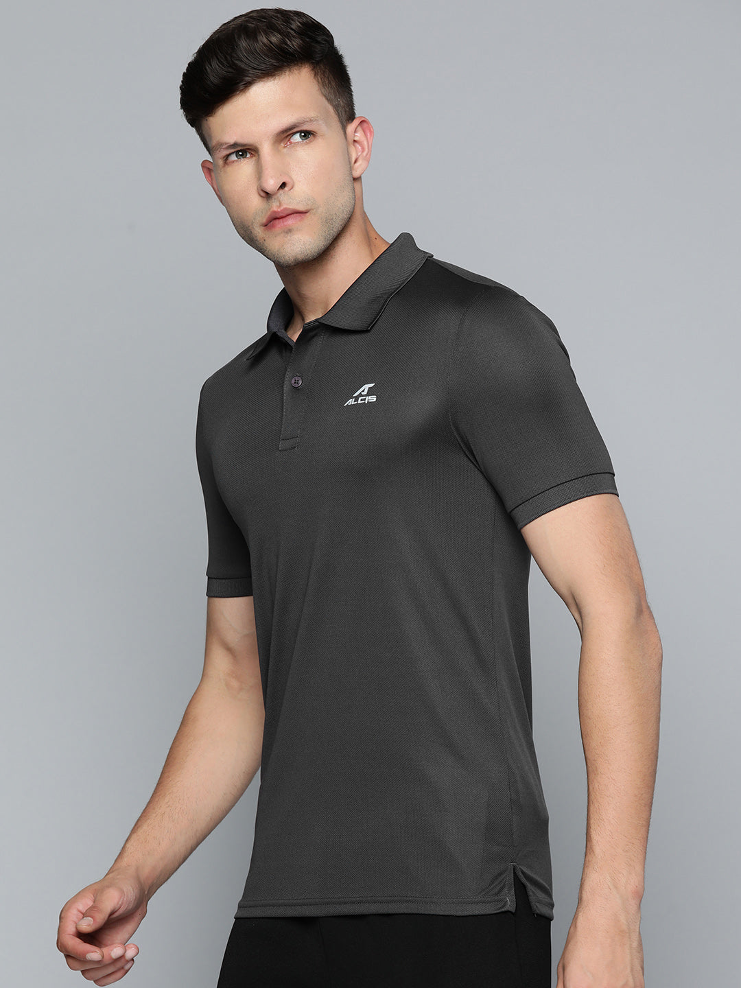 Alcis Men Charcoal Grey Polo Collar Slim Fit T-shirt