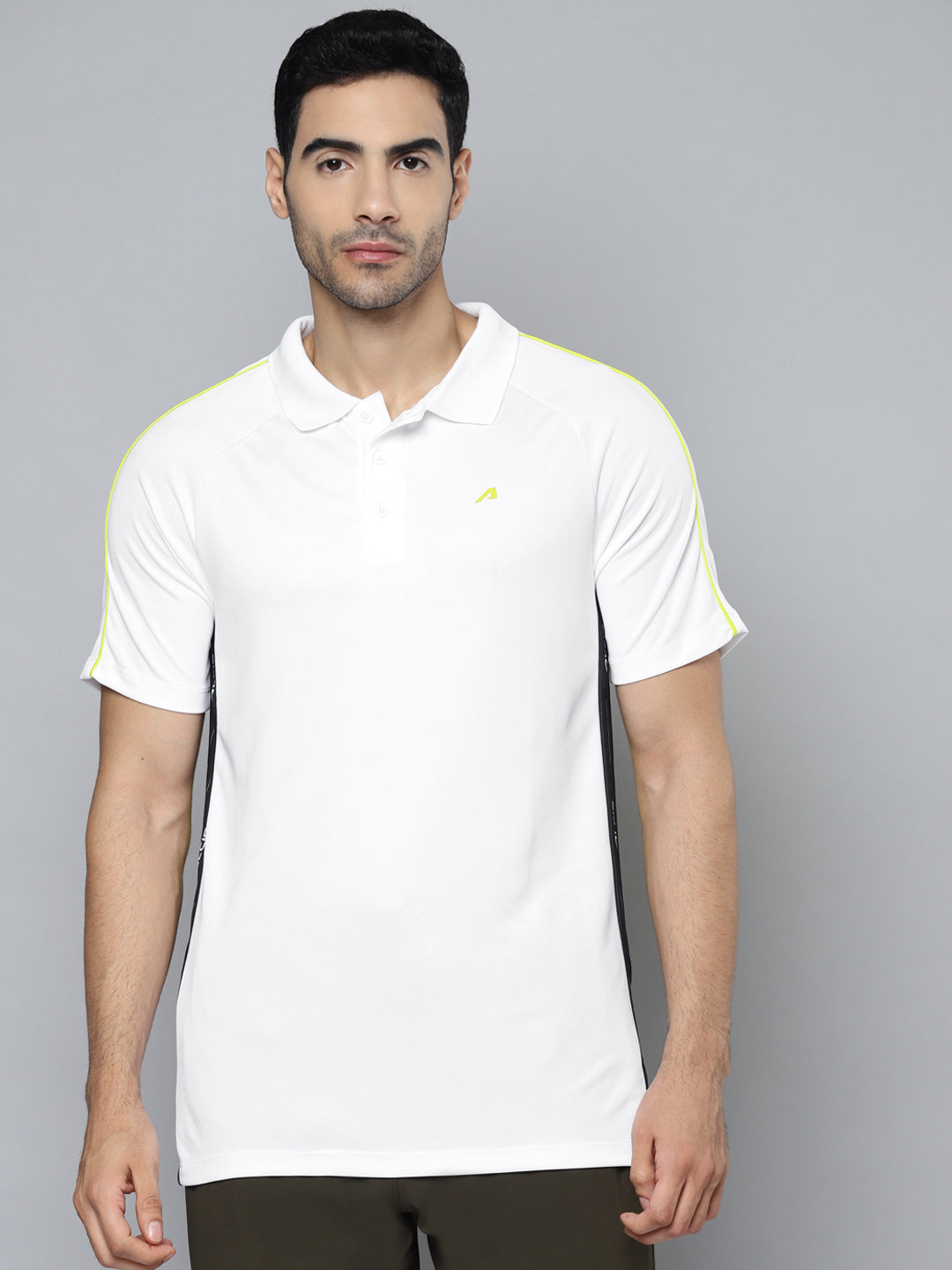 Alcis Men White Yellow Colourblocked Polo Collar Slim Fit T-shirt
