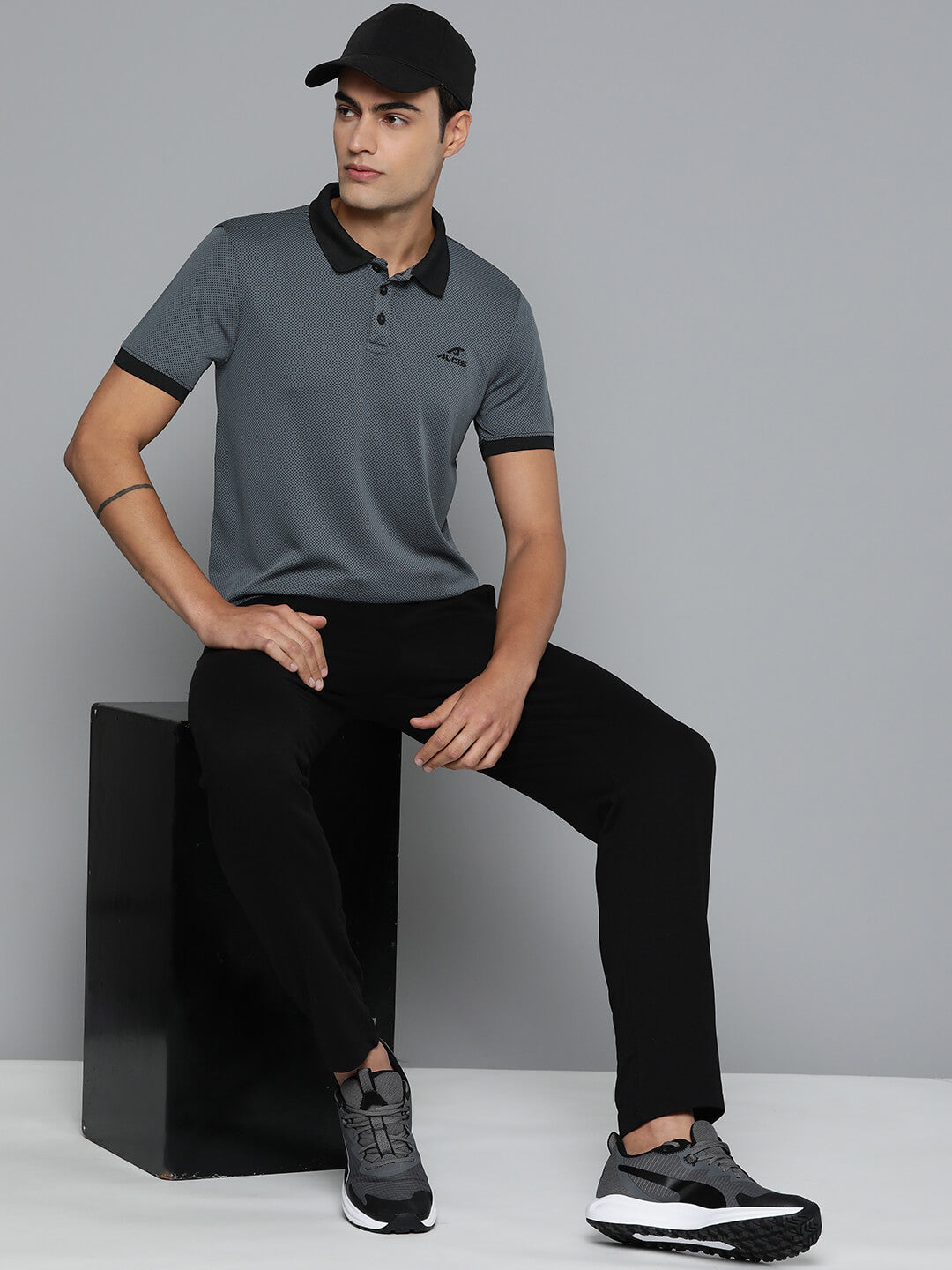 Alcis Men Grey Black Colourblocked Polo Collar Dry Tech Slim Fit Sports T-shirt