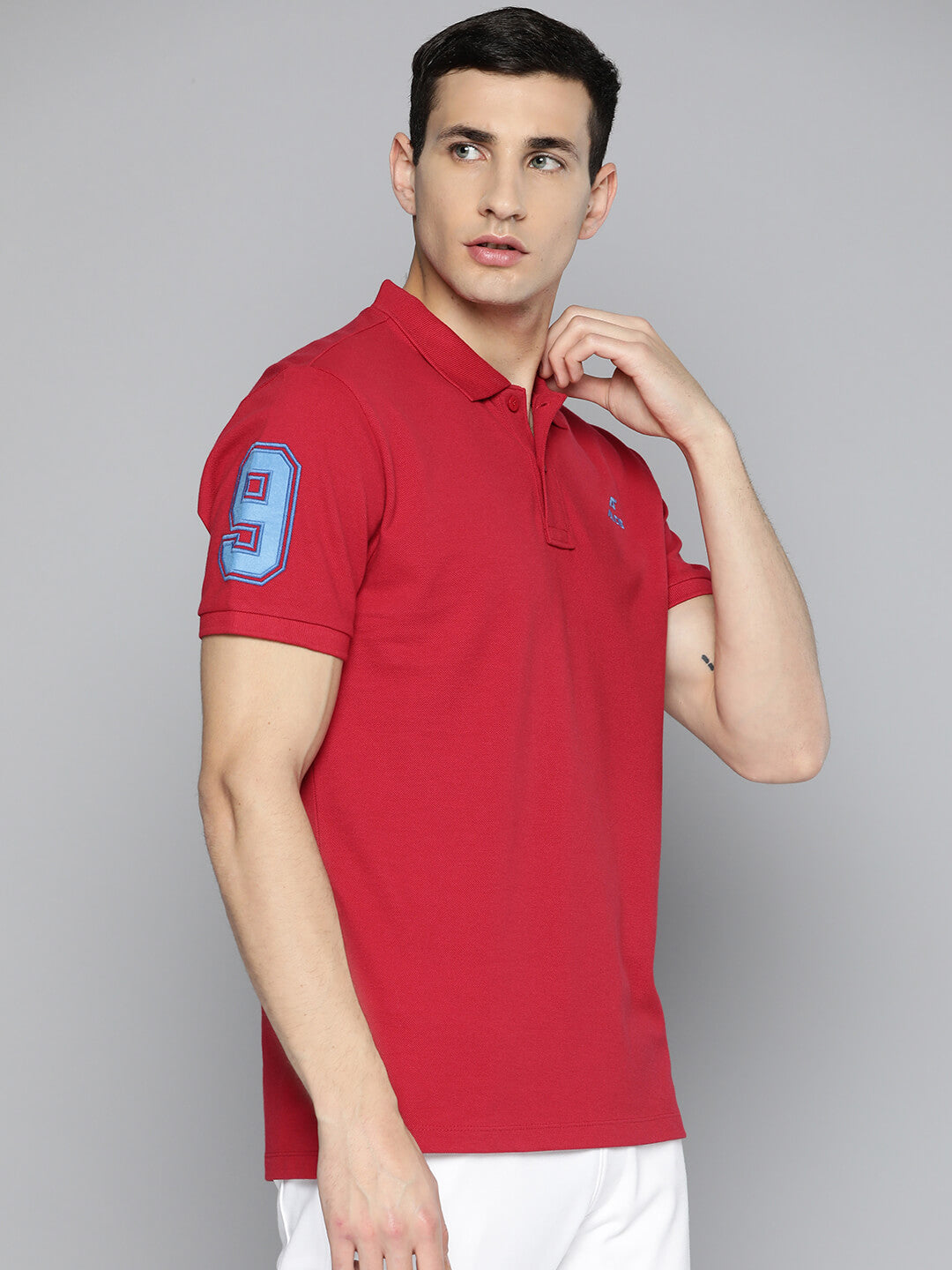 Alcis Men Red Typography Printed Polo Collar Slim Fit T-shirt