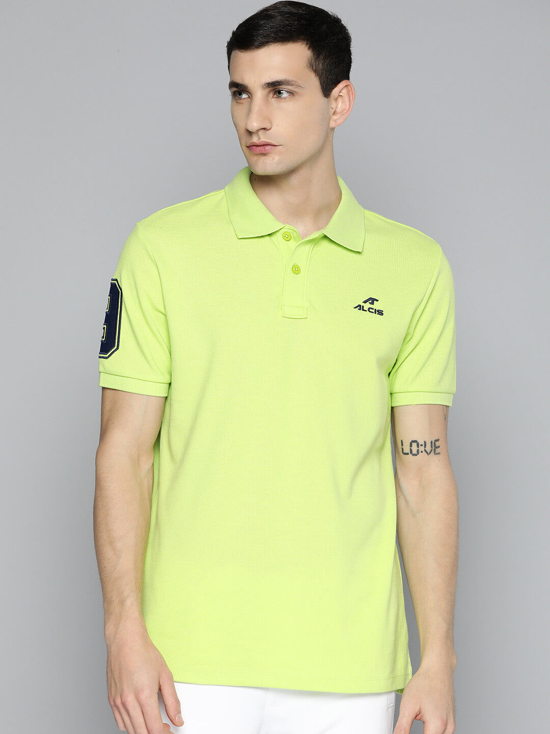 Alcis Men Lime Green Typography Printed Polo Collar Slim Fit T-shirt