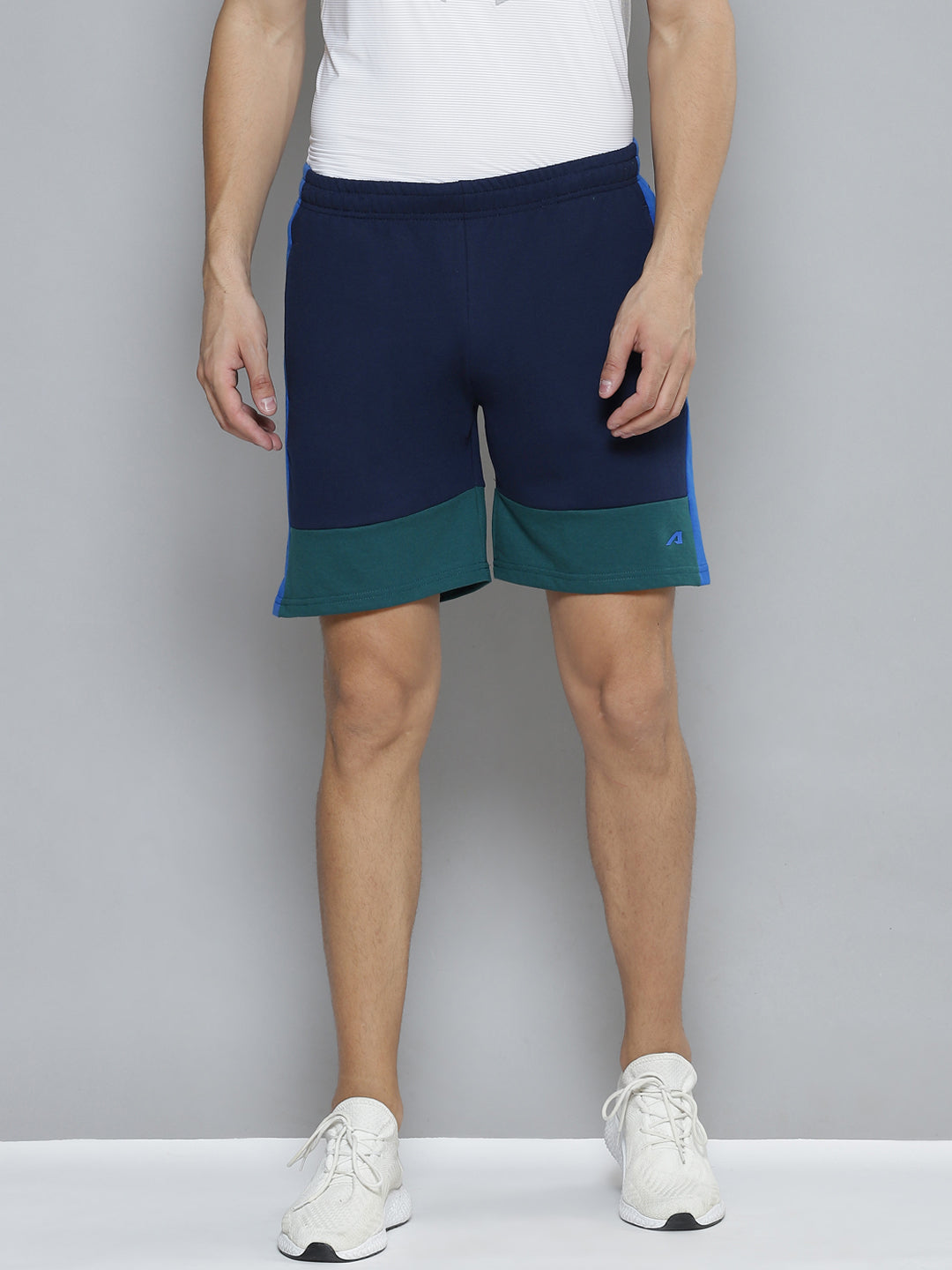 Alcis Men Navy Blue Green Colourblocked Slim Fit Training or Gym Sports Shorts