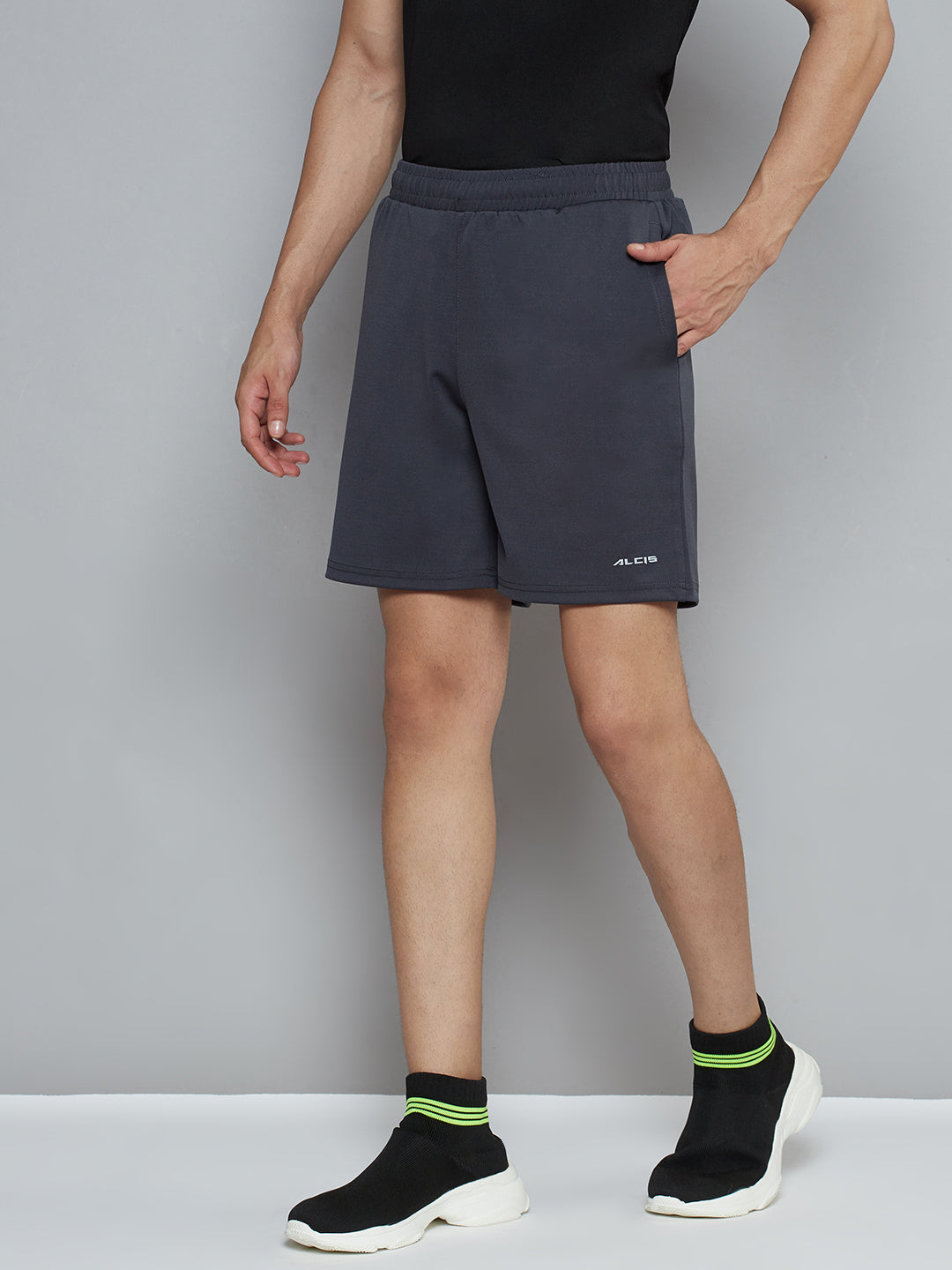 Alcis Men Charcoal Grey Solid Slim Fit Sports Shorts