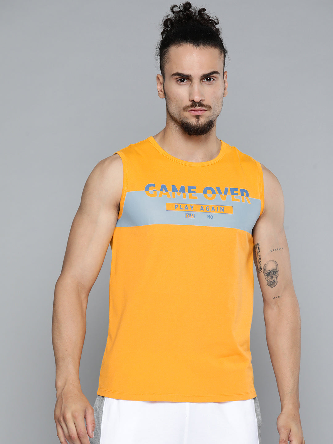Alcis Men Mustard Yellow Typography Printed Slim Fit Gym T-shirt