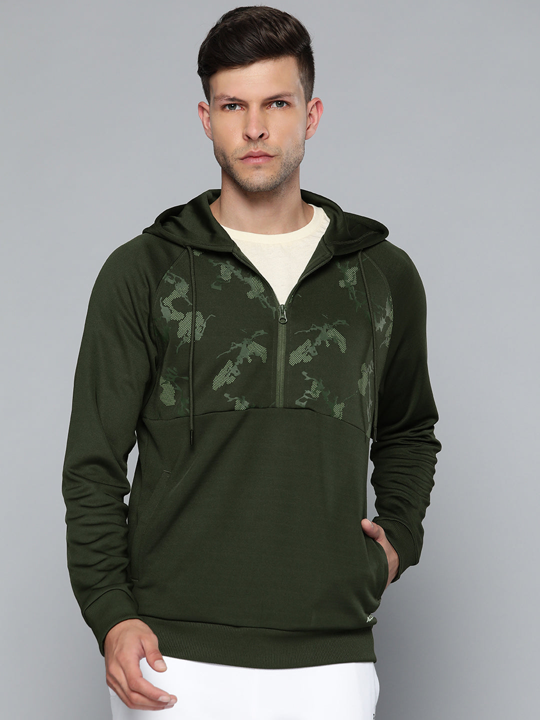 Alcis Men Olive Green Abstract Printed Hooded Sweatshirt