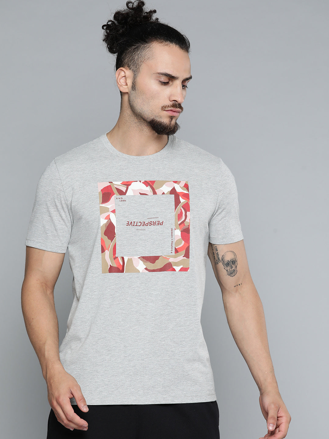 Alcis Men Grey Melange Typography Printed Slim Fit Gym T-shirt