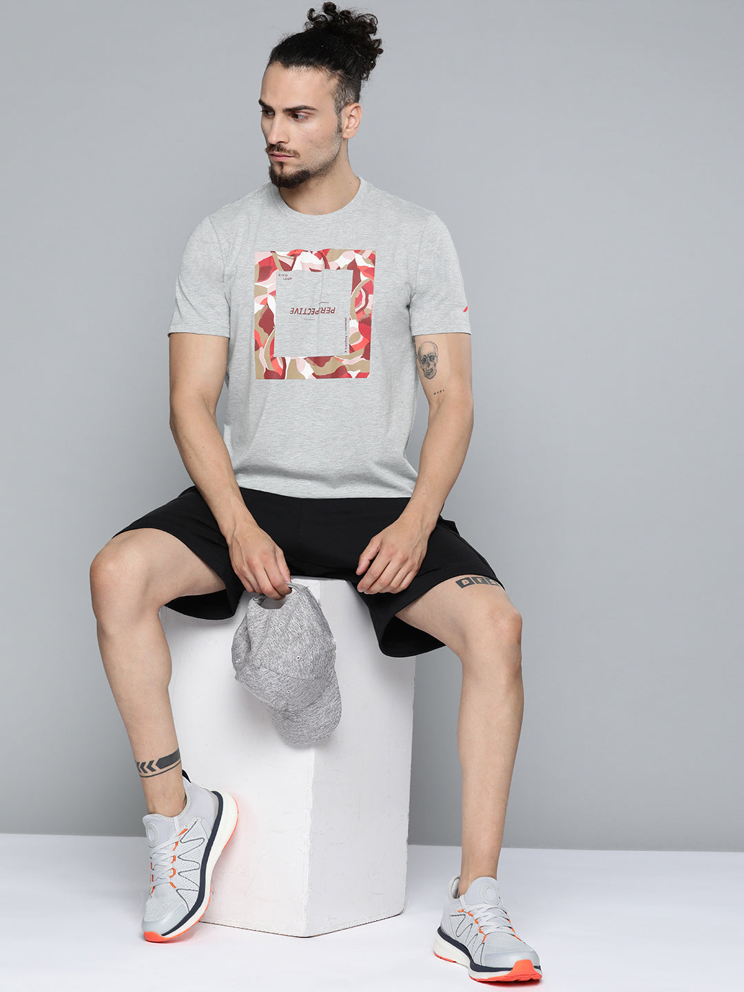 Alcis Men Grey Melange Typography Printed Slim Fit Gym T-shirt