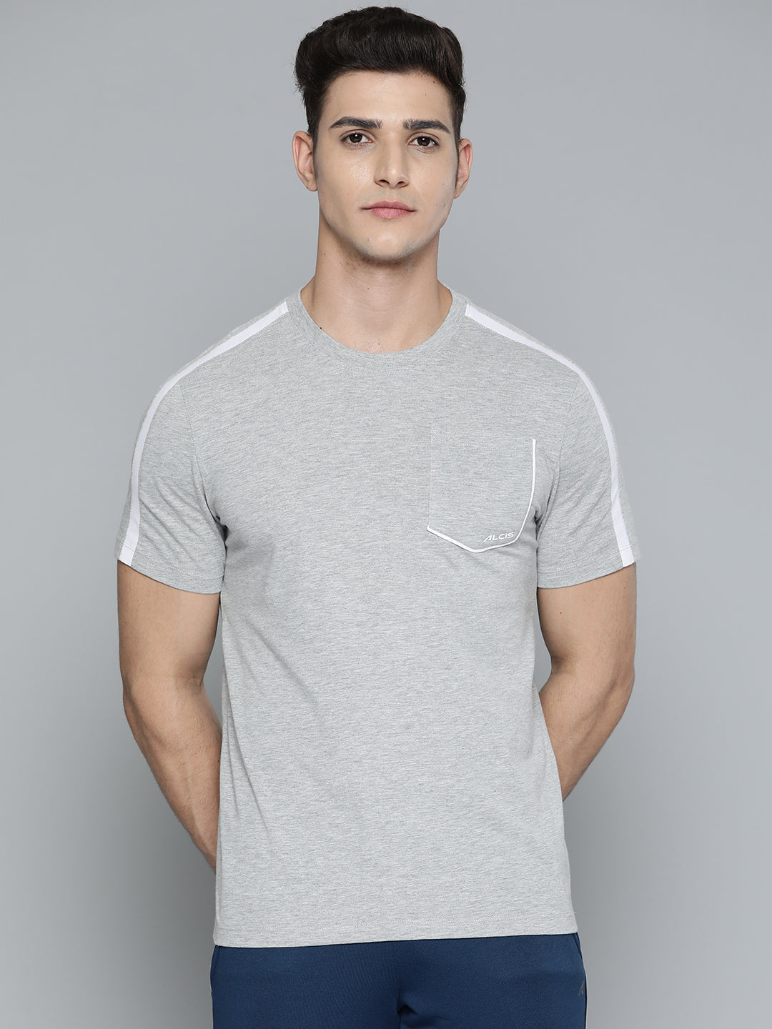 Alcis Men Grey Melange Pocket Detailing T-shirt