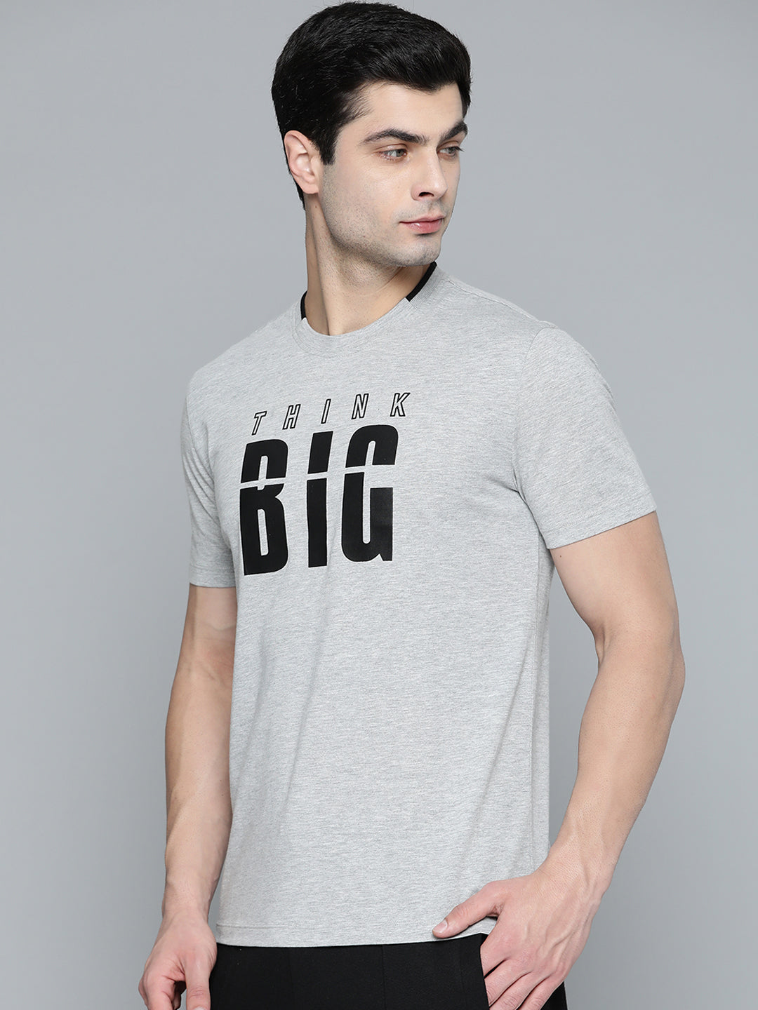 Alcis Men Grey Melange  Black Typography Printed T-shirt