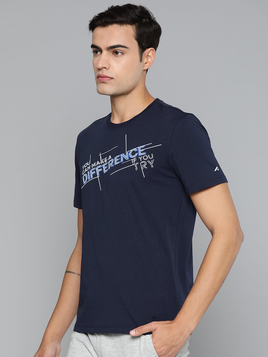 Alcis Men Navy Blue Typography Printed Dry Tech Slim Fit Sports T-shirt