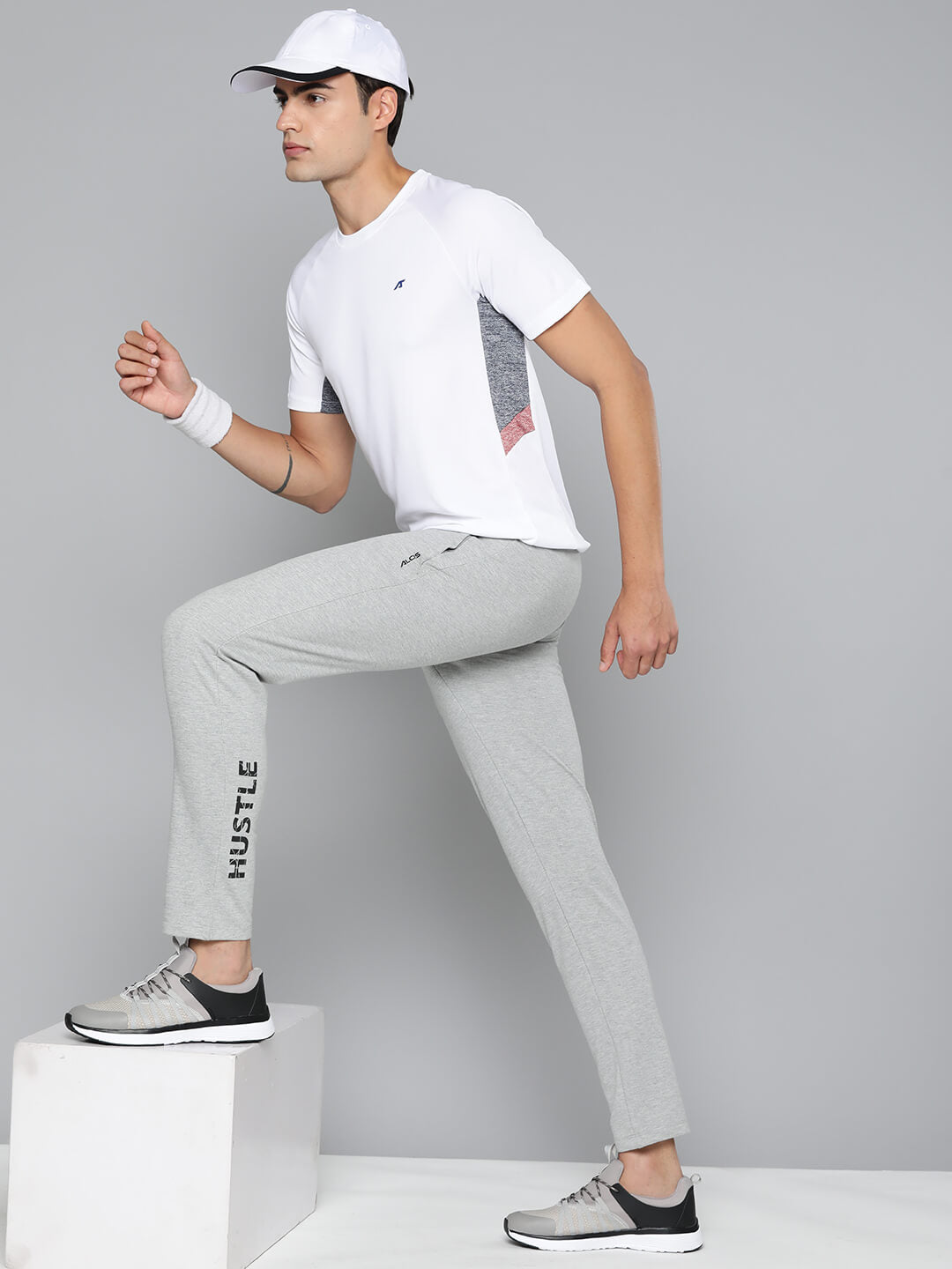 Alcis Men Grey Melange Typography Printed Slim Fit Sports Track Pants