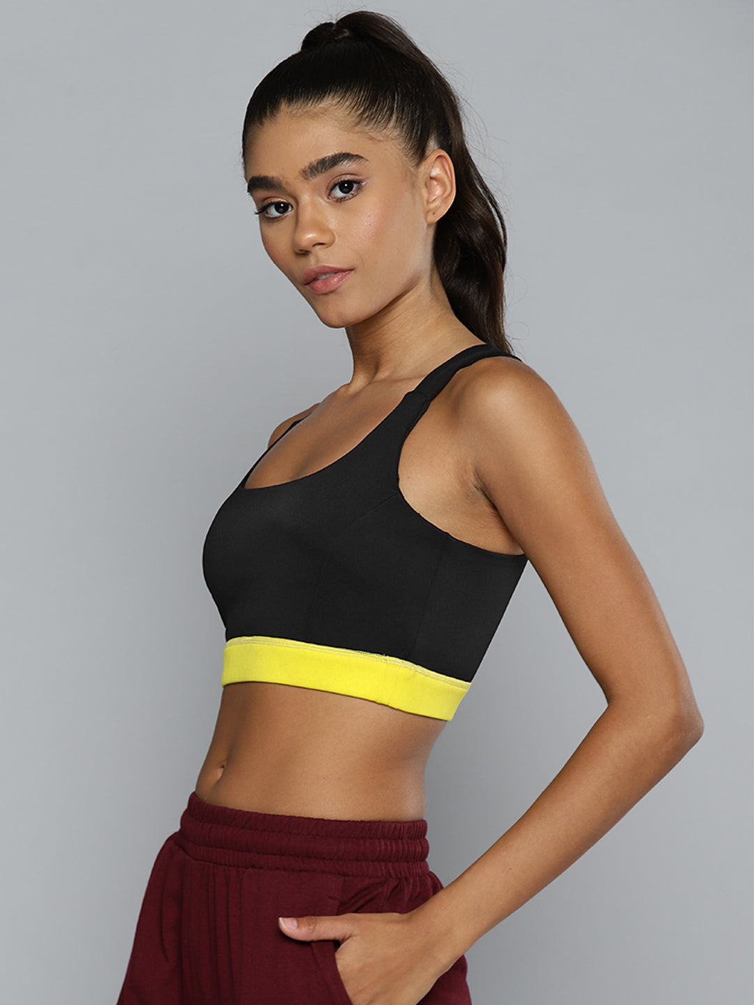 ALCIS Black & Yellow Solid Workout Bra