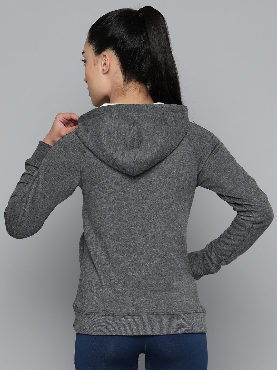 Alcis Women Charcoal Grey White Typography Printed Hooded Sweatshirt