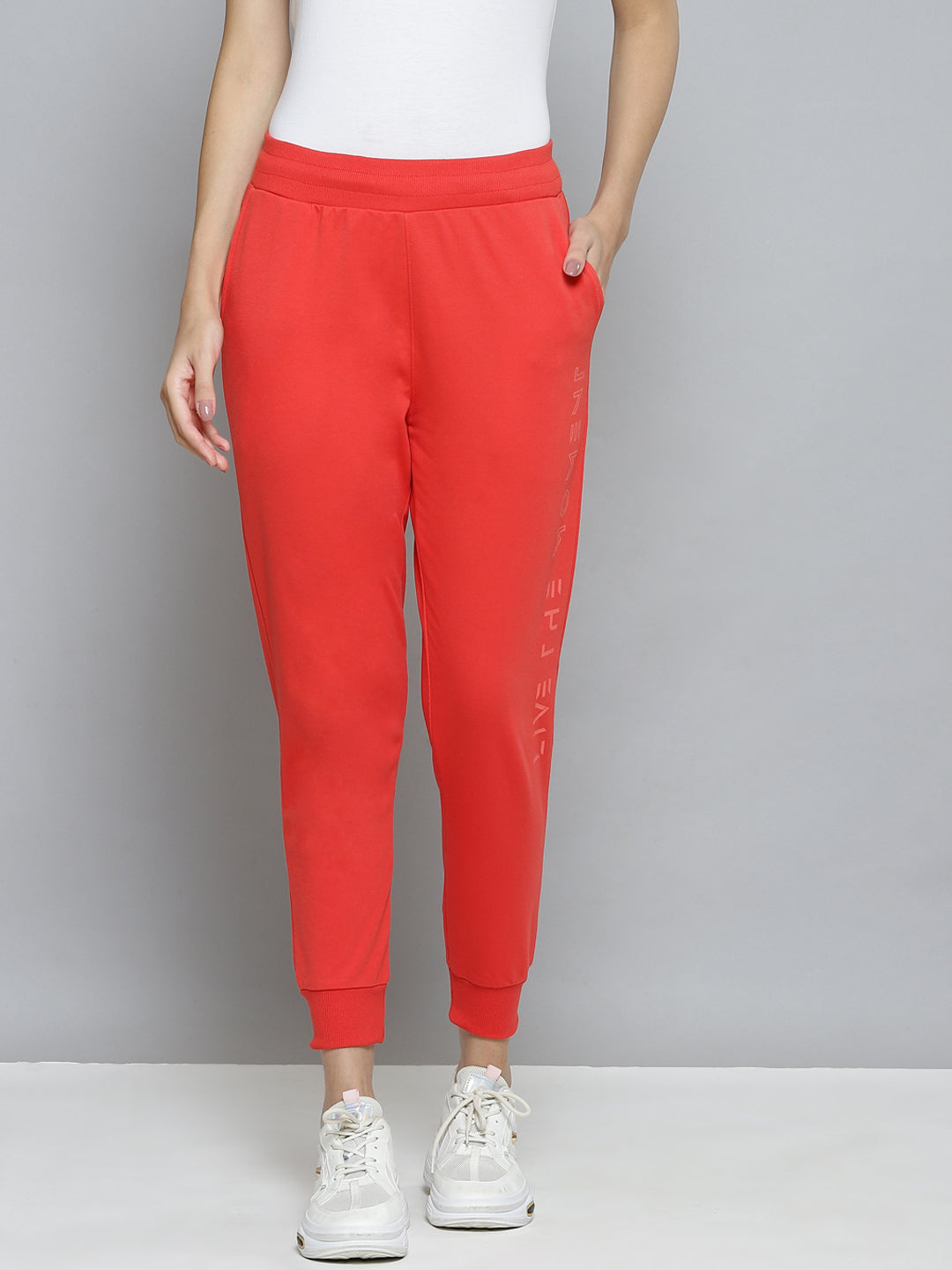 Alcis Women Coral Red Slim Fit Cropped Running Joggers