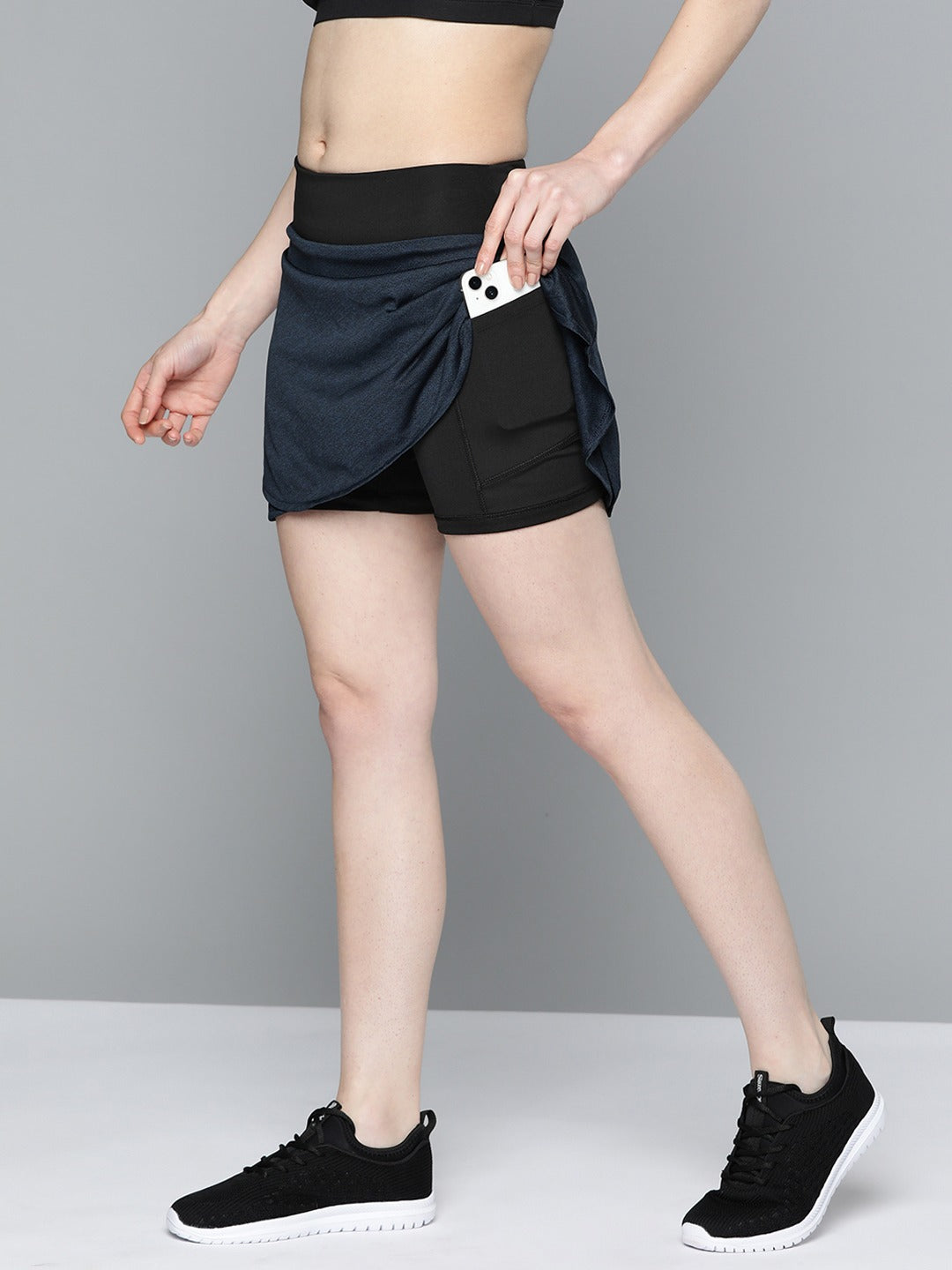Alcis Women Navy Blue Black Solid Sports Wrap Mini Skirt