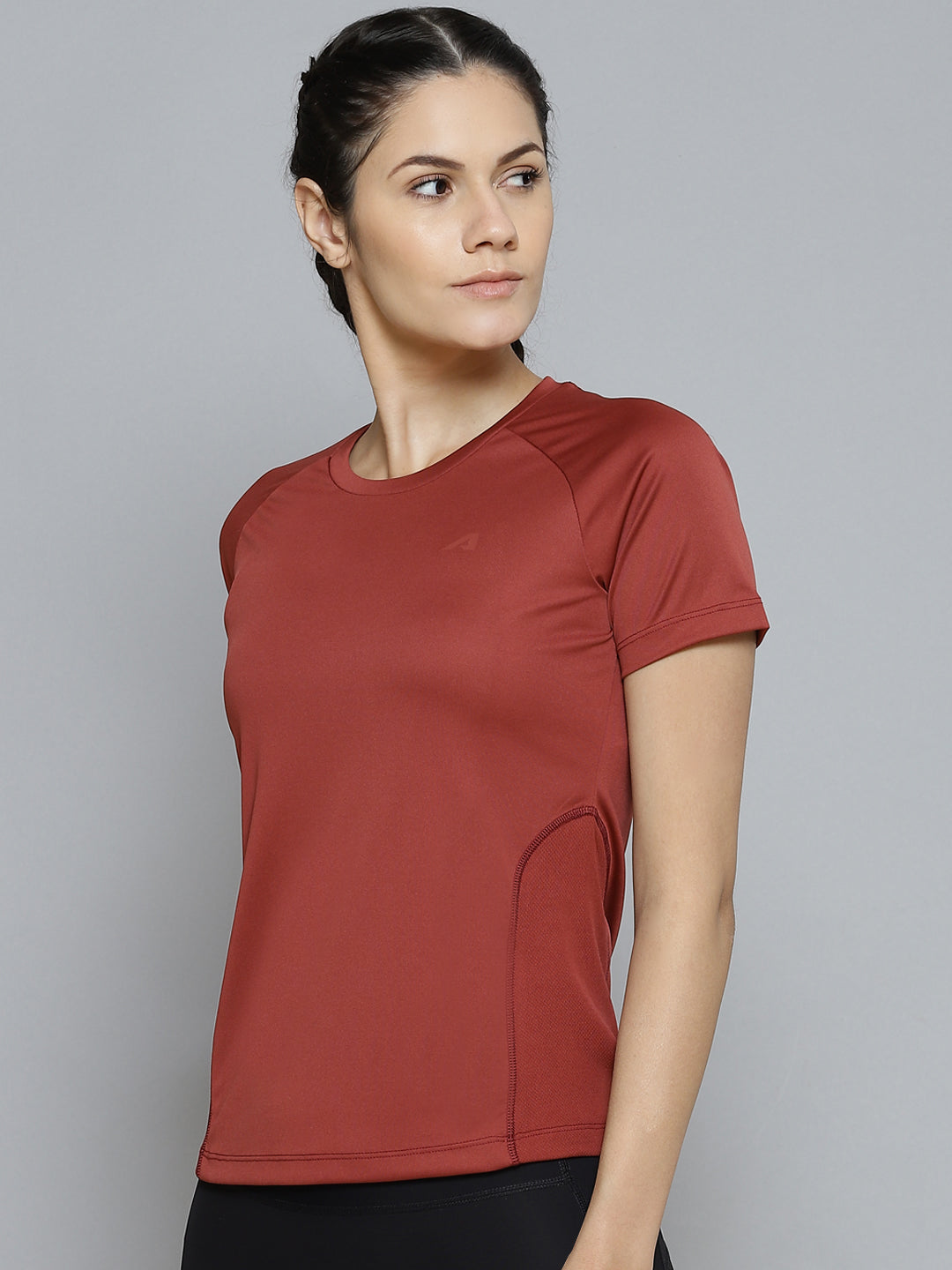 Alcis Women Rust Red Slim Fit Training or Gym T-shirt