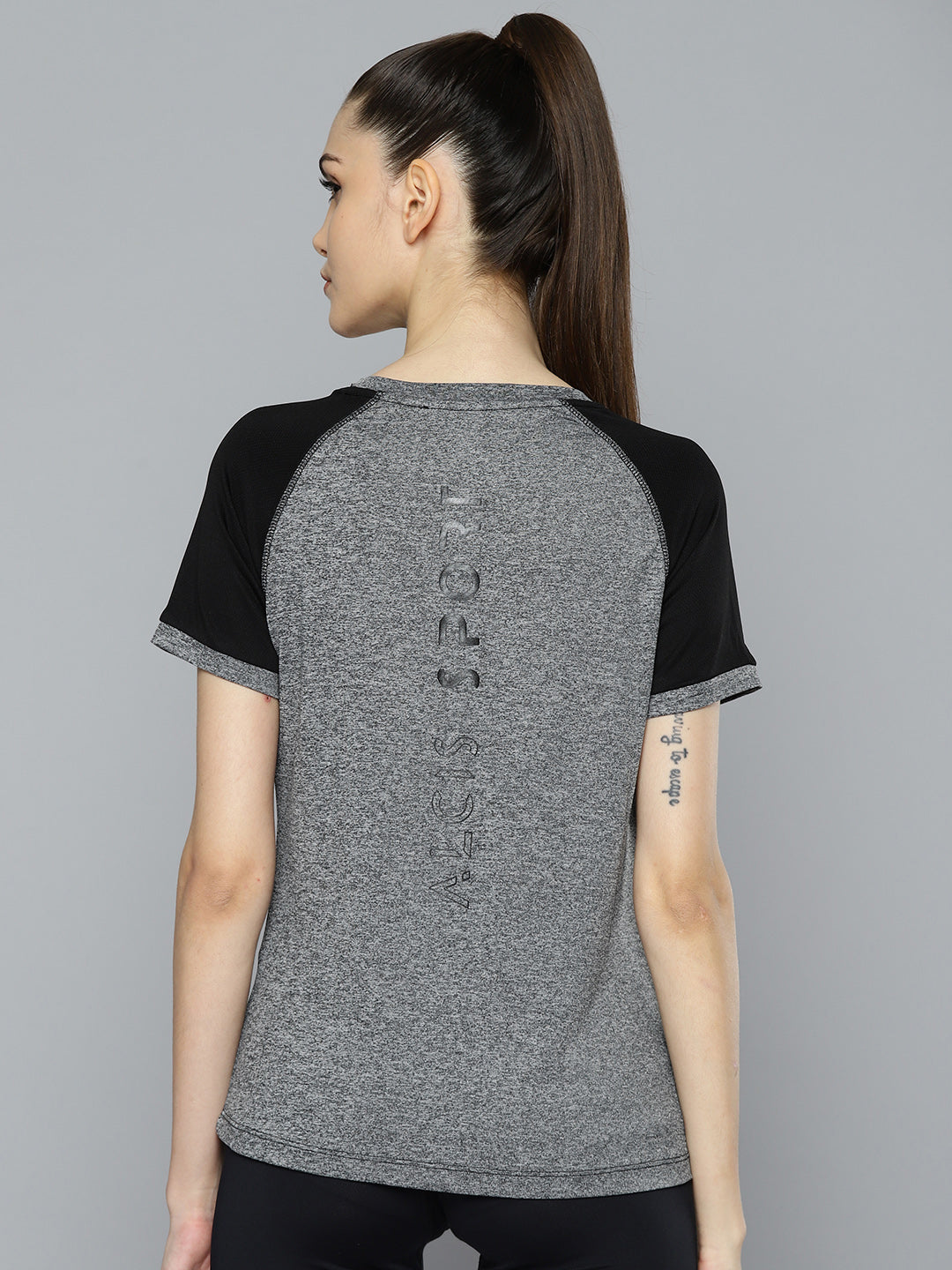 Alcis Women Grey Melange  Black Slim Fit T-shirt