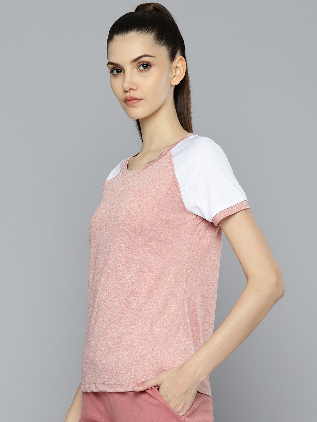 Alcis Women Pink  White Slim Fit T-shirt