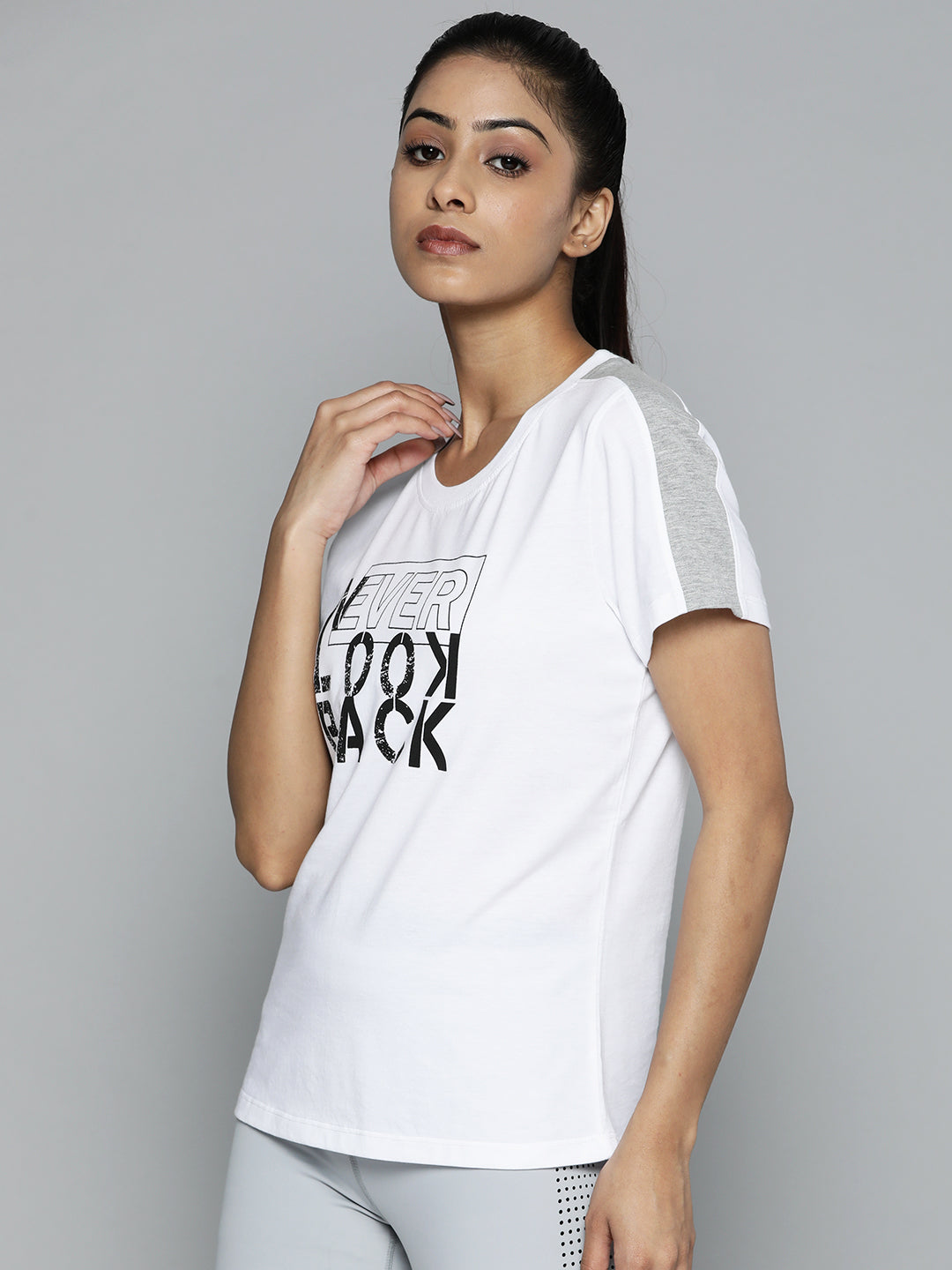 Women White & Black Typography Printed Slim Fit Training or Gym T-shirt