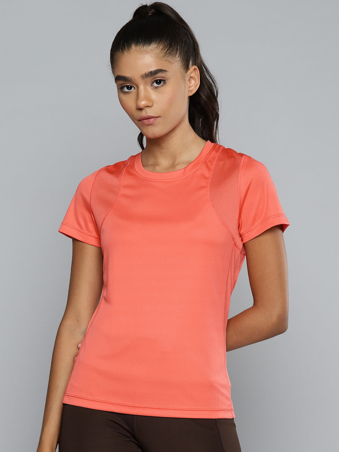ALCIS Women Coral Pink Solid Slim Fit T-shirt