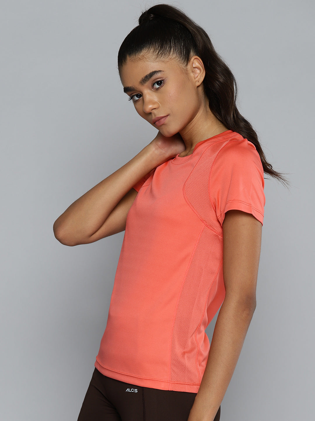 ALCIS Women Coral Pink Solid Slim Fit T-shirt