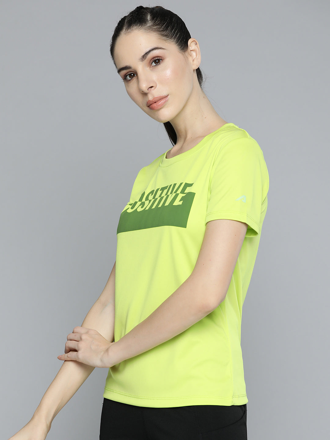 Alcis Women Fluorescent Green Typography Printed Slim Fit T-shirt