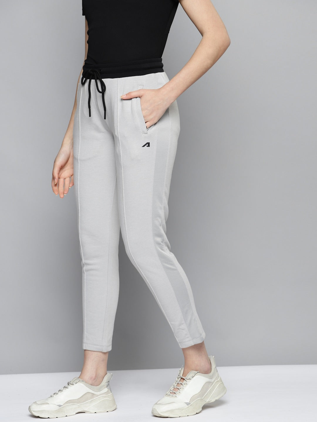 Alcis Women Grey Solid Slim Fit Cropped Track Pants With Side Stripes
