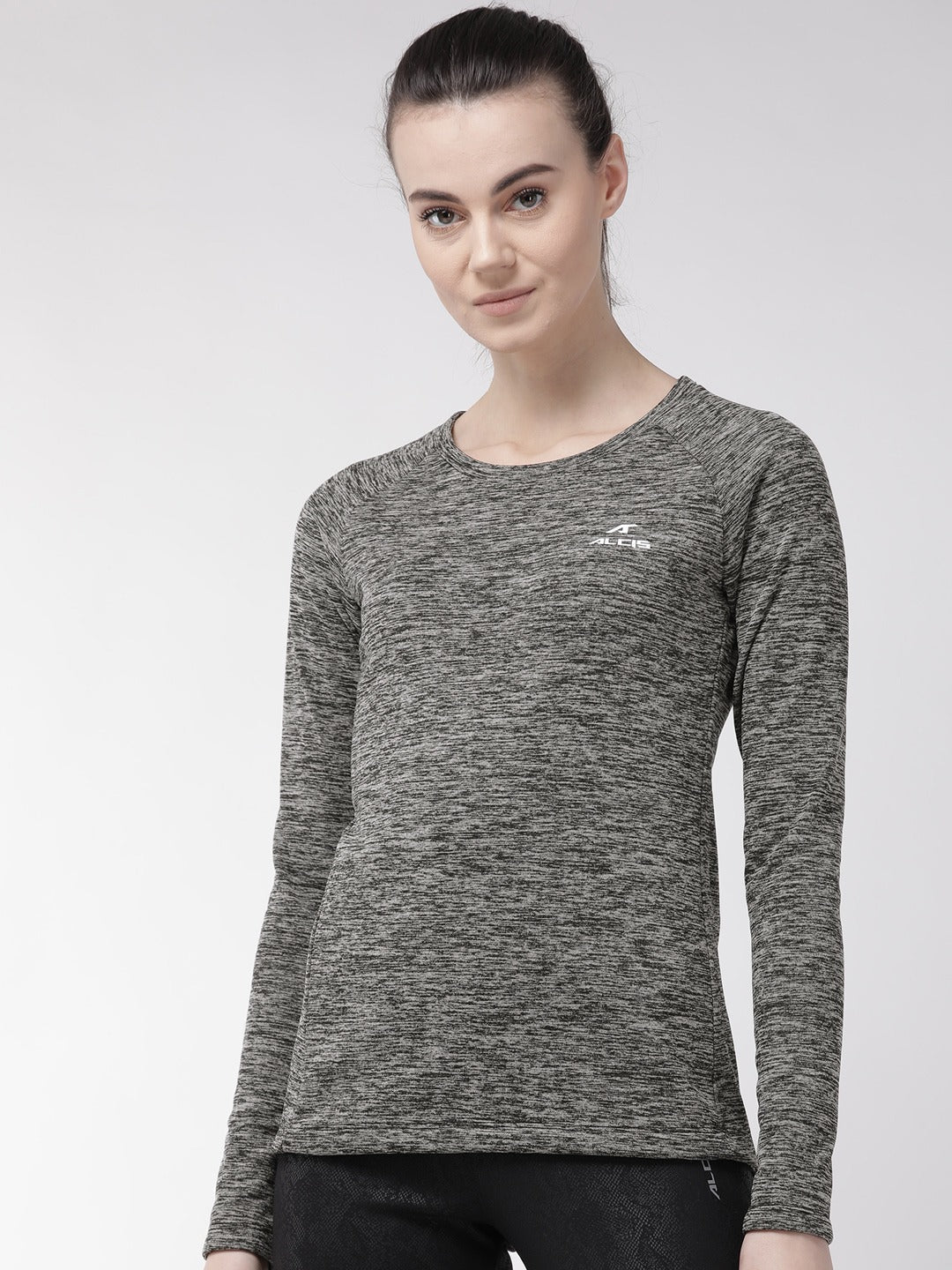 Alcis Women Grey Black Self Design Round Neck T-shirt