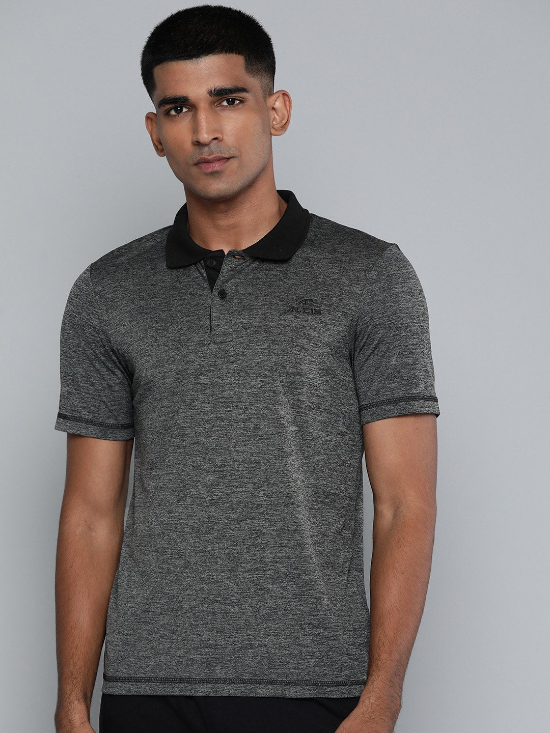 Alcis Men Charcoal Grey Solid Polo Collar Slim Fit T-shirt