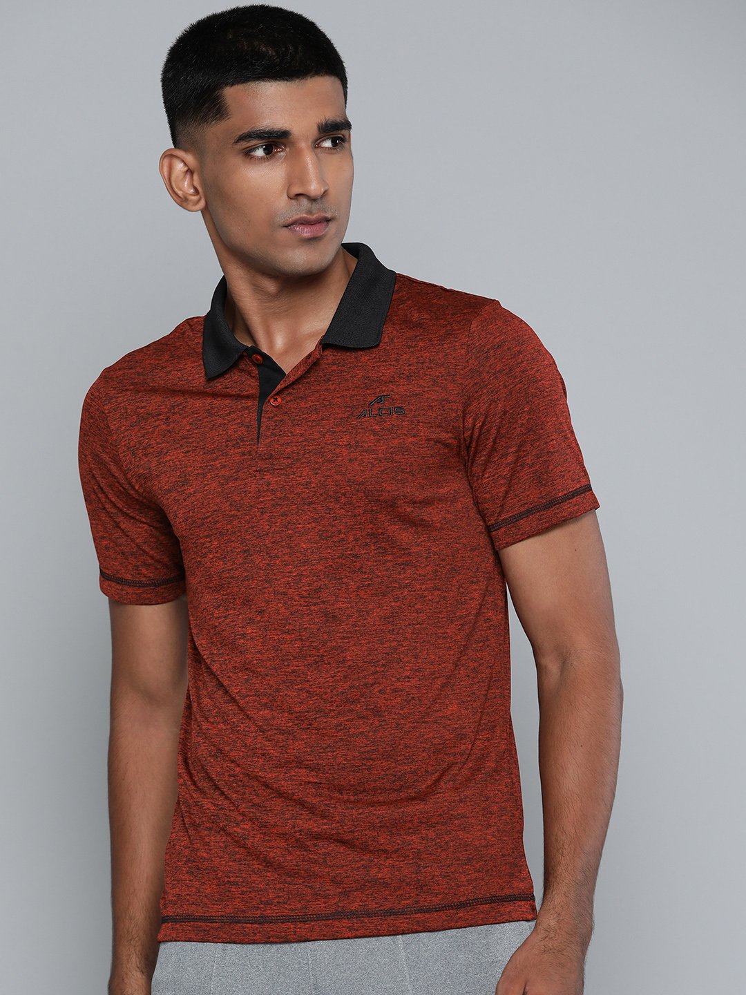 Alcis Men Red  Black Melange Effect Polo Collar Slim Fit T-shirt