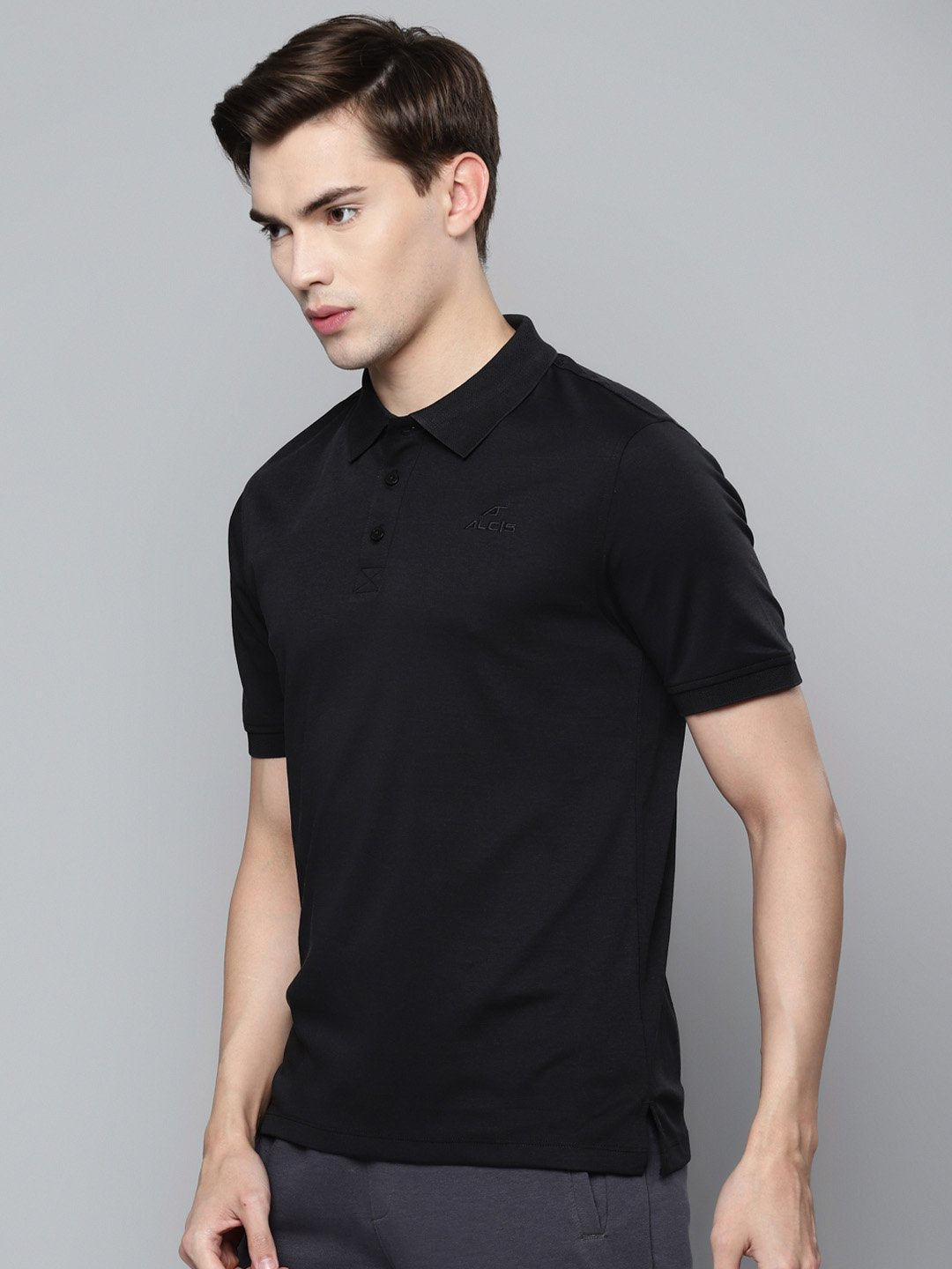 Alcis Men Black Solid Polo Collar Slim Fit T-shirt