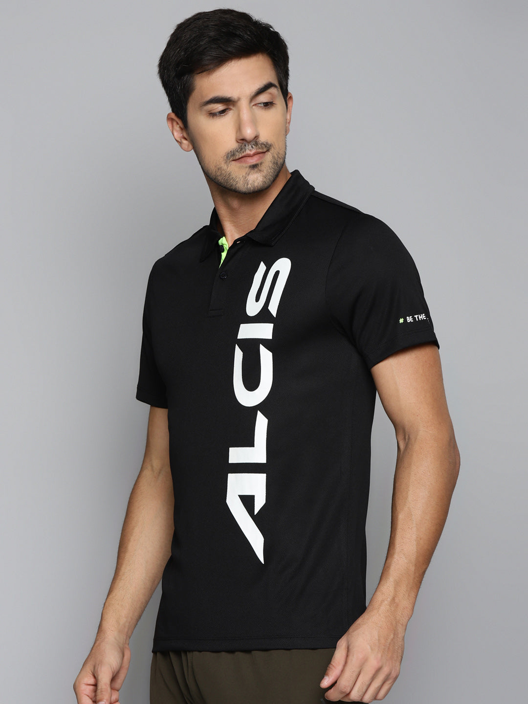 Alcis Men Black White Brand Logo Printed Polo Collar Slim Fit Running T-shirt