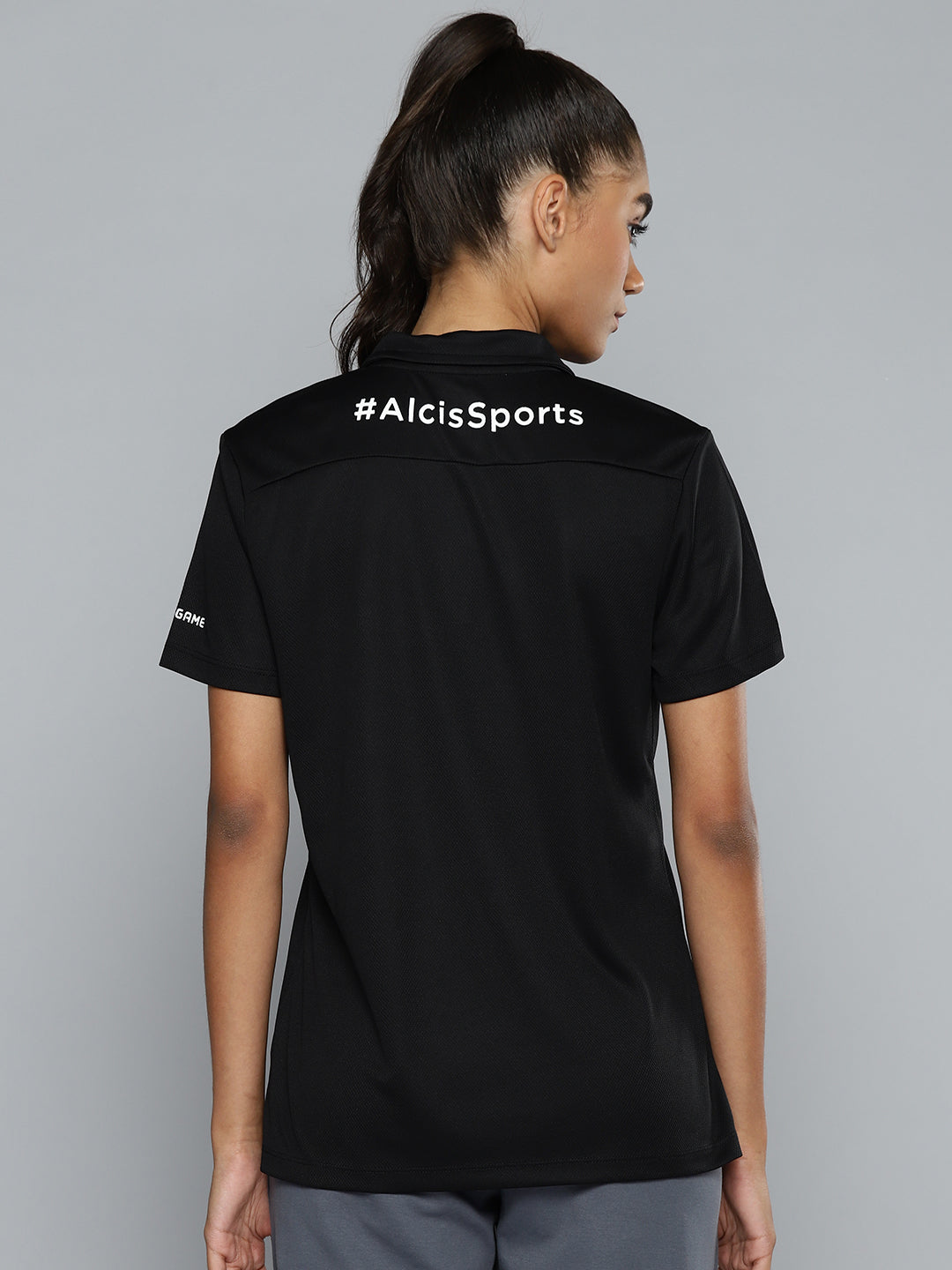 Alcis Women Black White Brand Logo Printed Polo Collar Slim Fit Running T-shirt