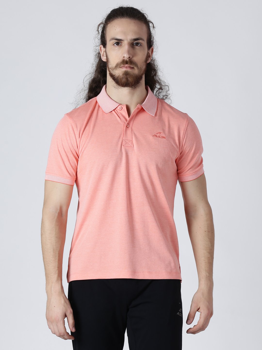 Alcis Men Peach-Coloured Solid Polo Collar Slim Fit T-shirt BMPO82605-S