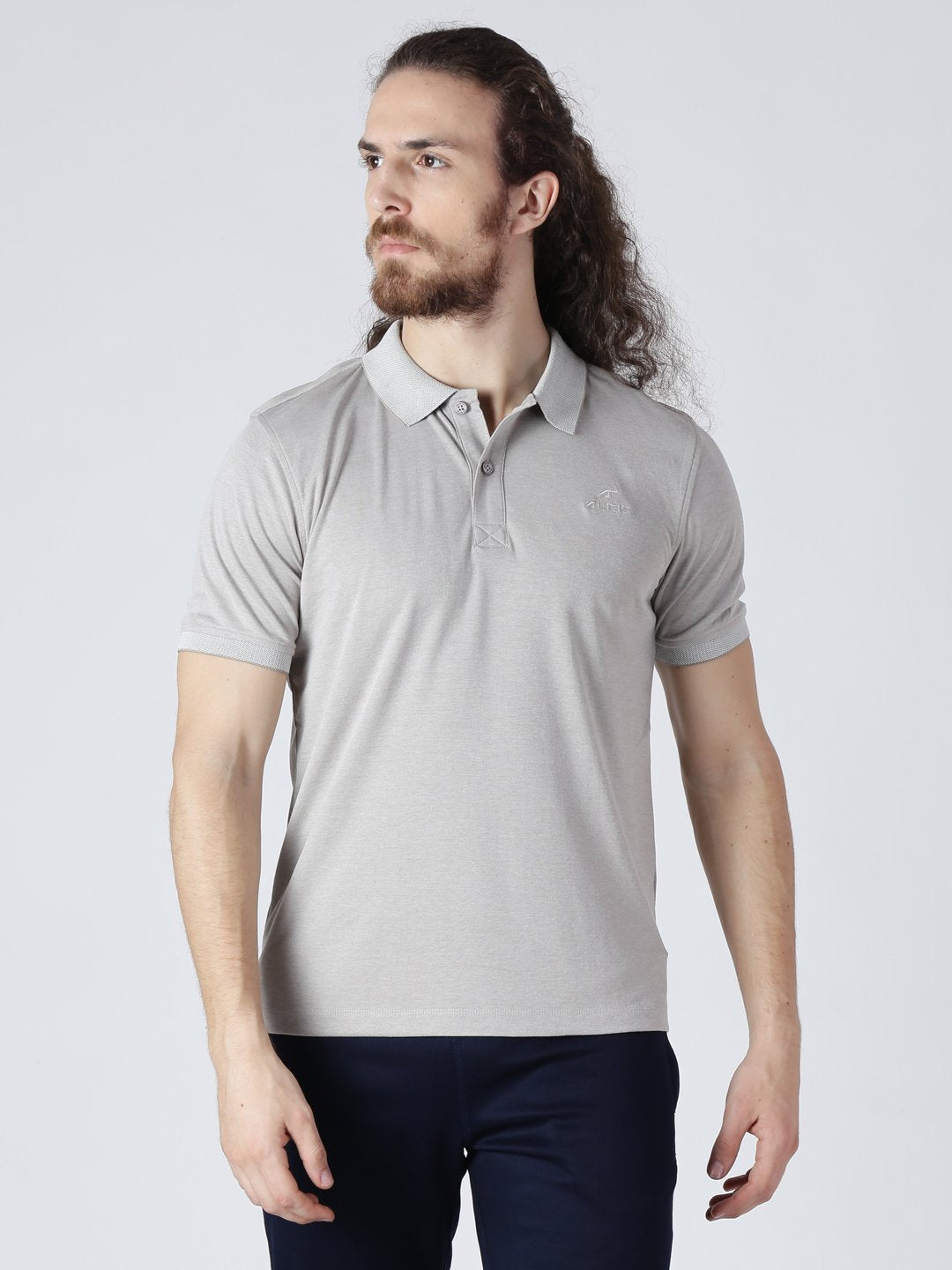 Alcis Men Grey Solid Polo Collar Slim Fit T-shirt BMPO82607-S