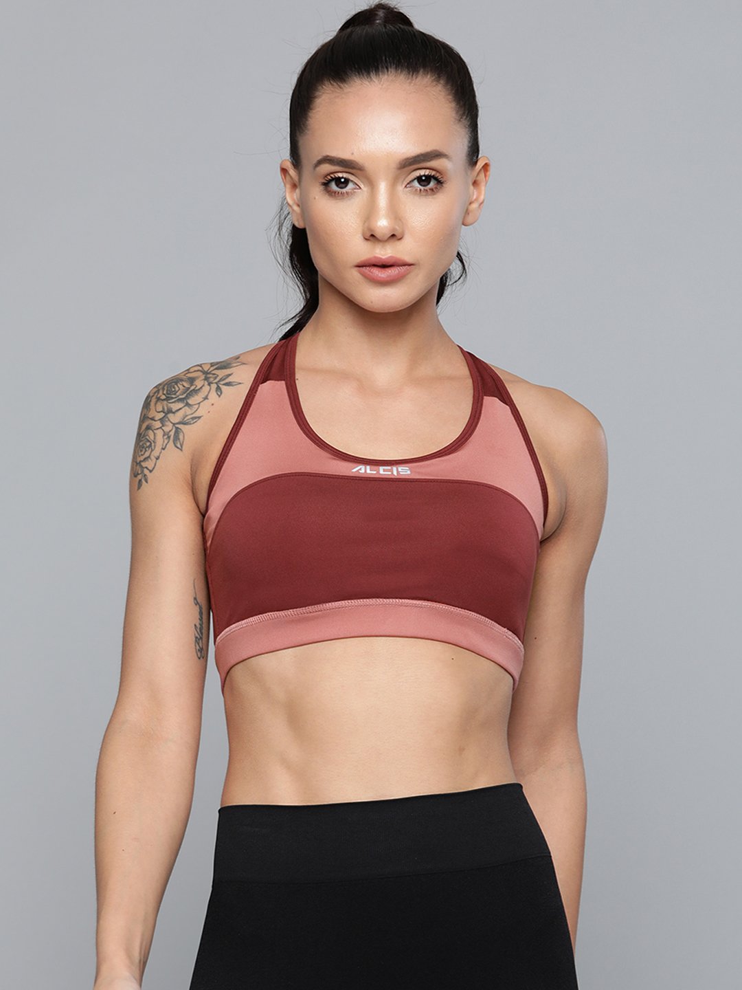 Alcis Burgundy  Pink Colourblocked Workout Bra Full Coverage Lightly Padded