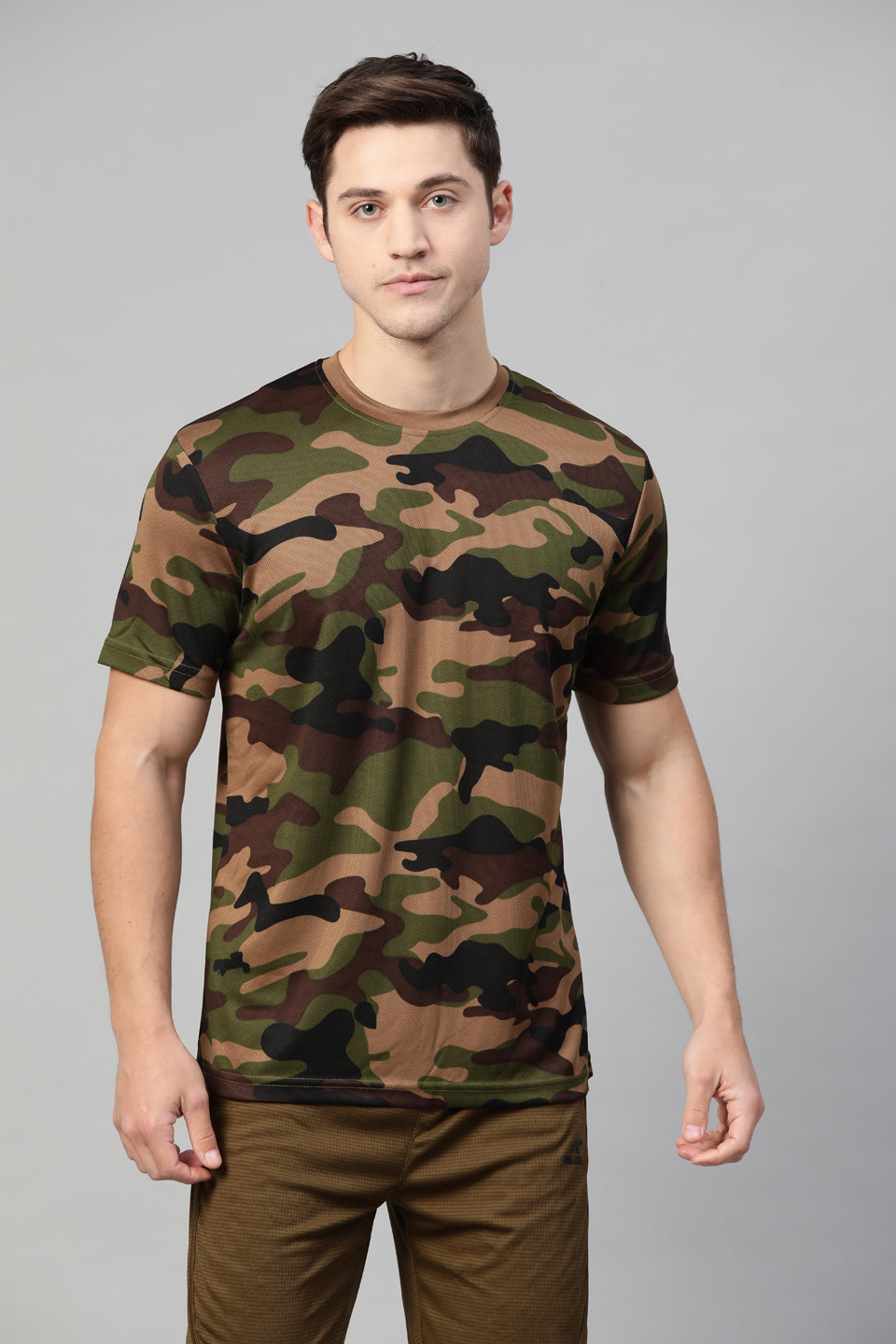 Alcis Men Olive Green & Khaki Camouflage Print Round Neck T-shirt ARMYCFST001-S